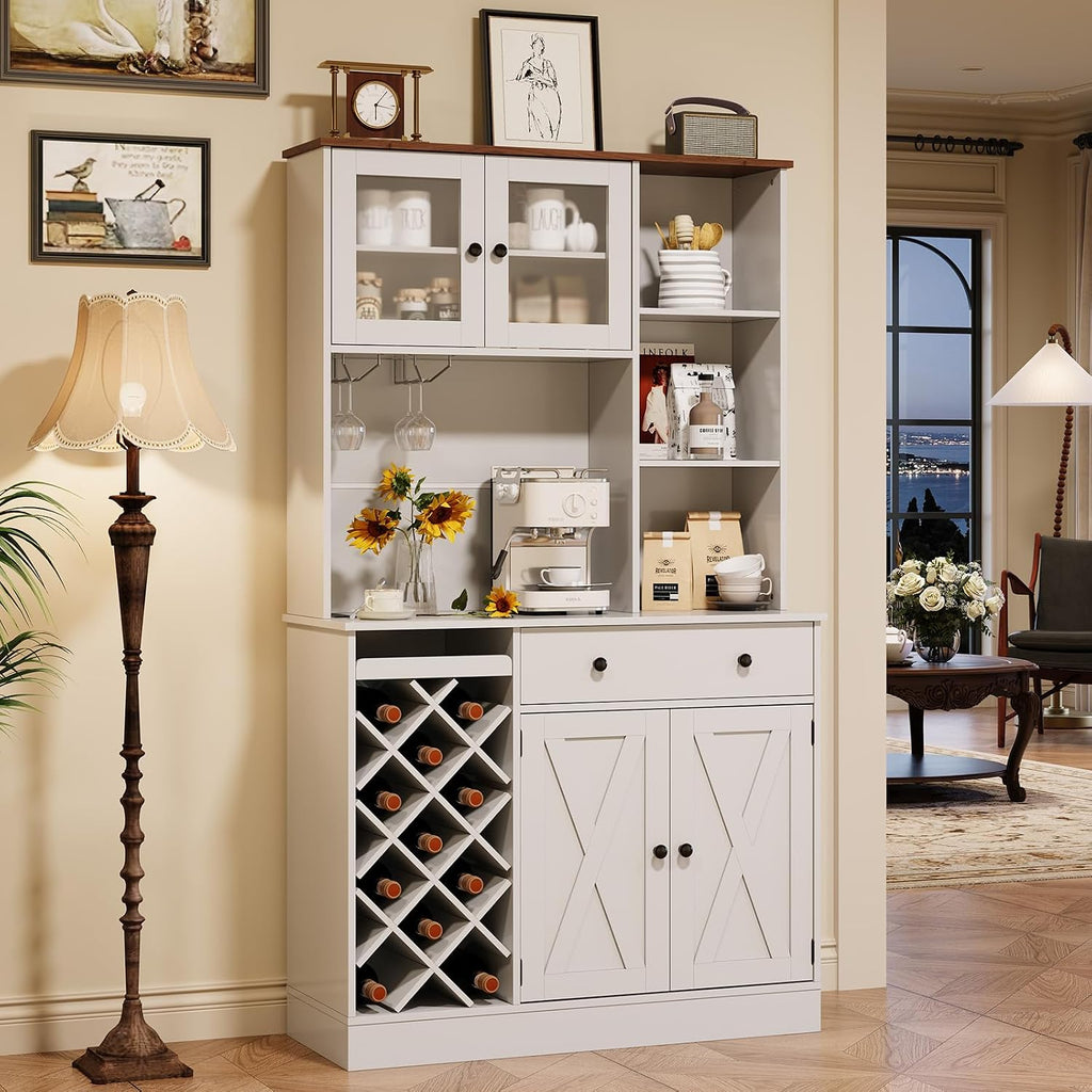 Coffee Bar Cabinet with Power Outlet & Exquisite Barn Doors, Sideboard Buffet Cabinet with Wine Bottle Rack, Storage Cabinet for Kitchen, Dining Room
