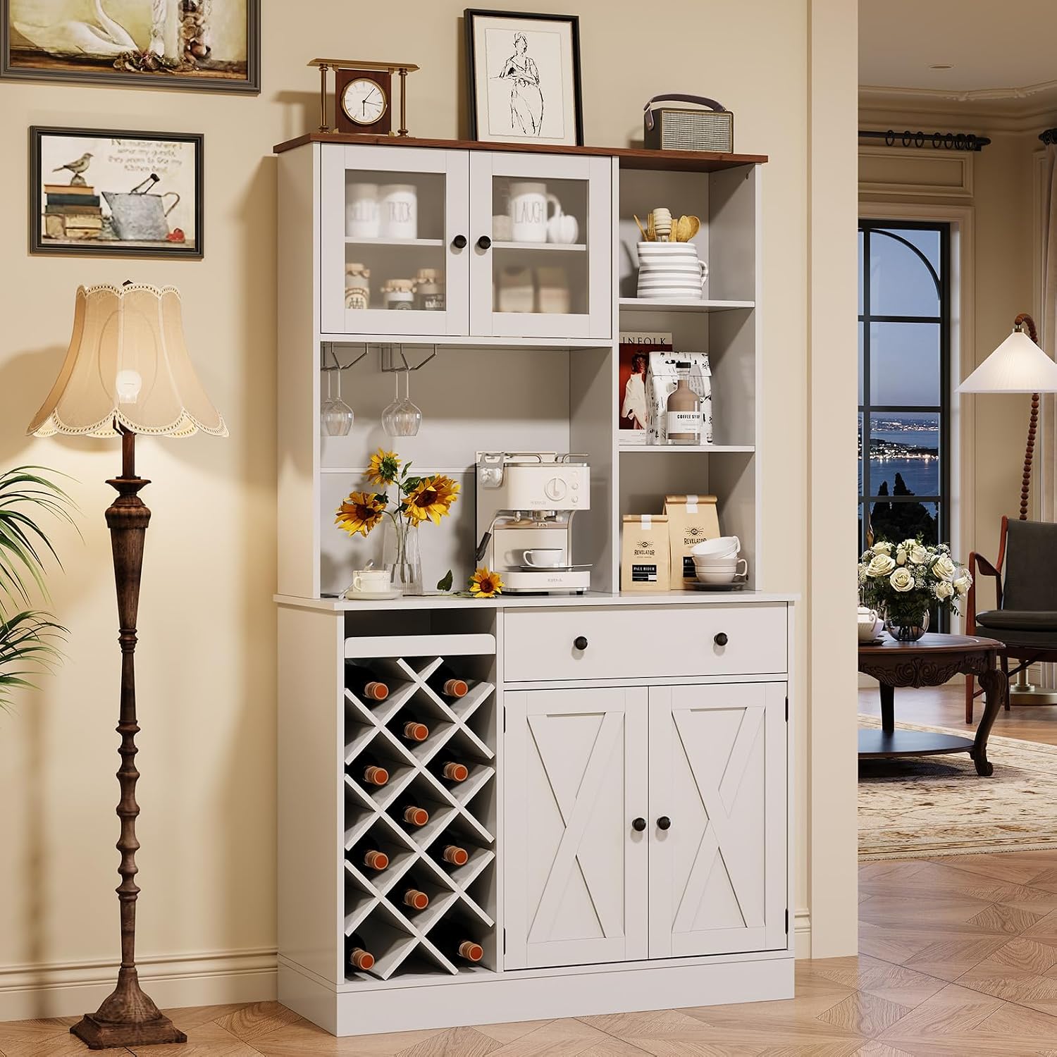Coffee Bar Cabinet with Power Outlet & Exquisite Barn Doors, Sideboard Buffet Cabinet with Wine Bottle Rack, Storage Cabinet for Kitchen, Dining Room