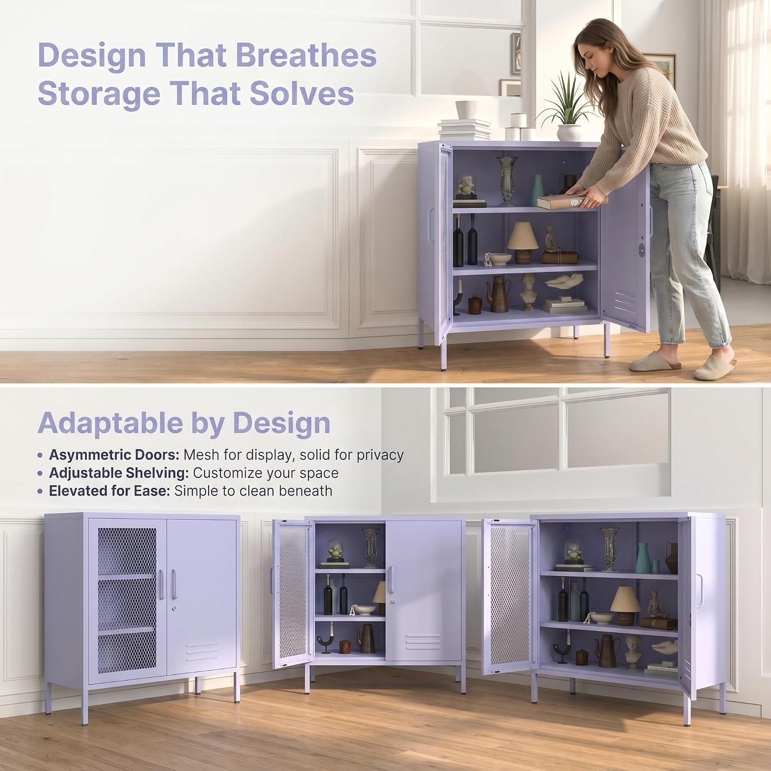 Purple Metal Storage Cabinet with Lock 3-Tier Freestanding Locker Organizer with Mesh Ventilated Door Multipurpose Accent Cabinet Locker Adjustable legs For Hallway, Living Room, Entryway, Home Office