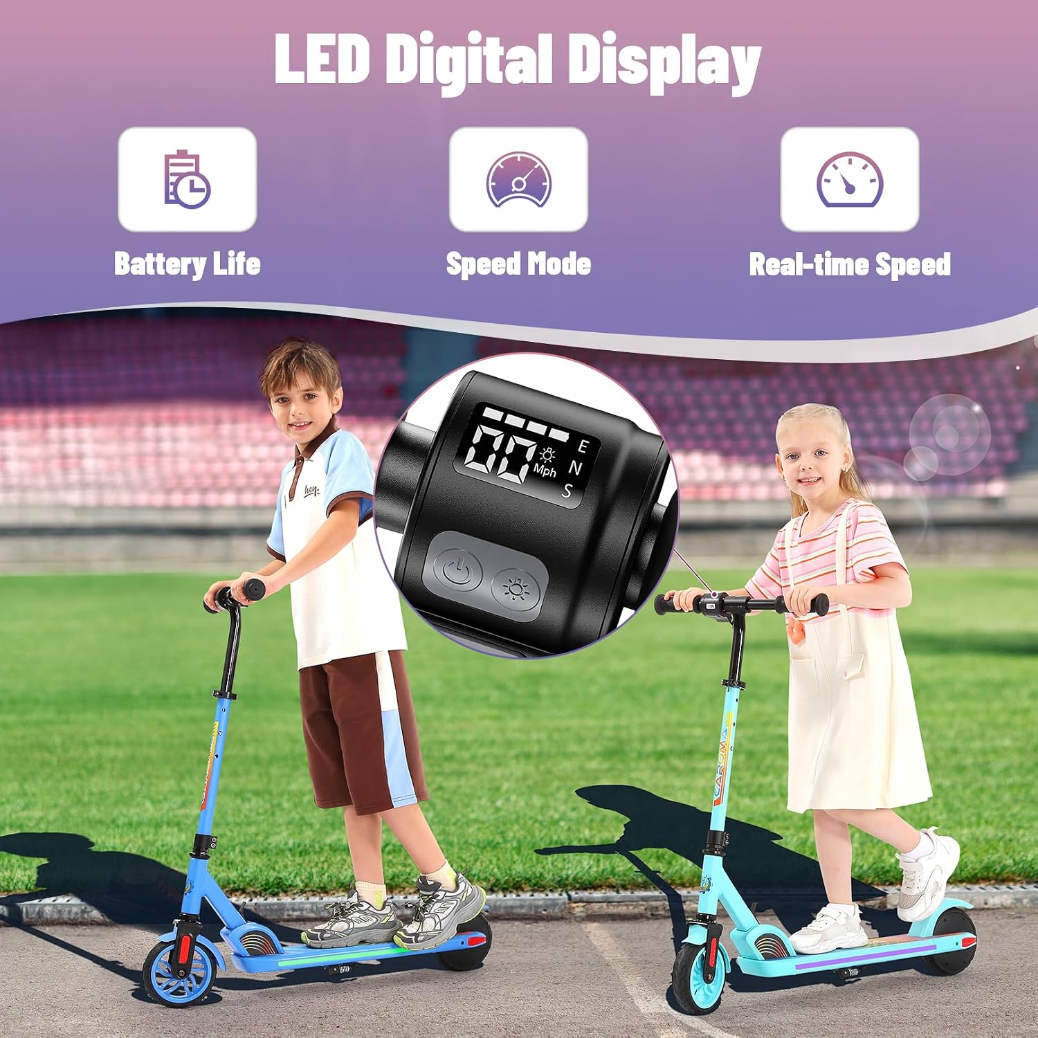 Caroma E35 Kids Electric Scooter for Ages 8-12, 150W Motor Up to 7 Miles Range & 10 MPH Speed, LED Display, Colorful Rainbow Lights, Adjustable Height, Foldable & Lightweight Design