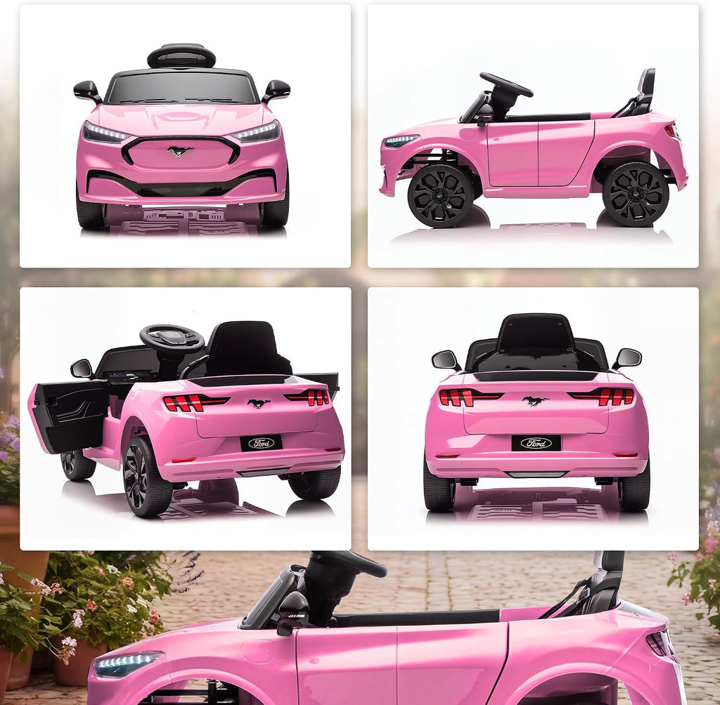 Qaba 12V Kids Ride On Car, Licensed Ford Mustang Mach-E Electric Car with Remote Control, 3 Speeds, LED Light, Music, Bluetooth, Suspension Wheels, Battery Powered Toy for Ages 3–5 Years, Pink