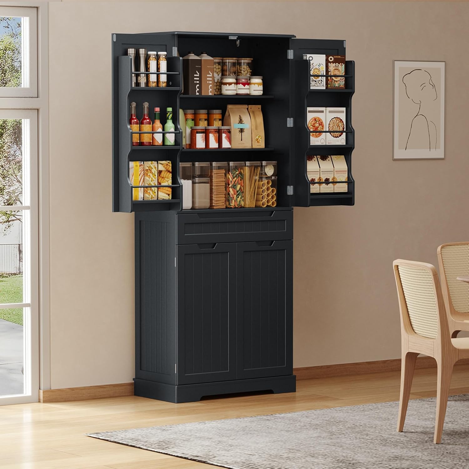 Gizoon 70' Tall Kitchen Pantry Cabinet with Doors and Adjustable Shelves, 5-Tier Multipurpose Pantry Storage Cabinet with Drawer Freestanding Organizer for Small Kitchen Bathroom Laundry Room, Black