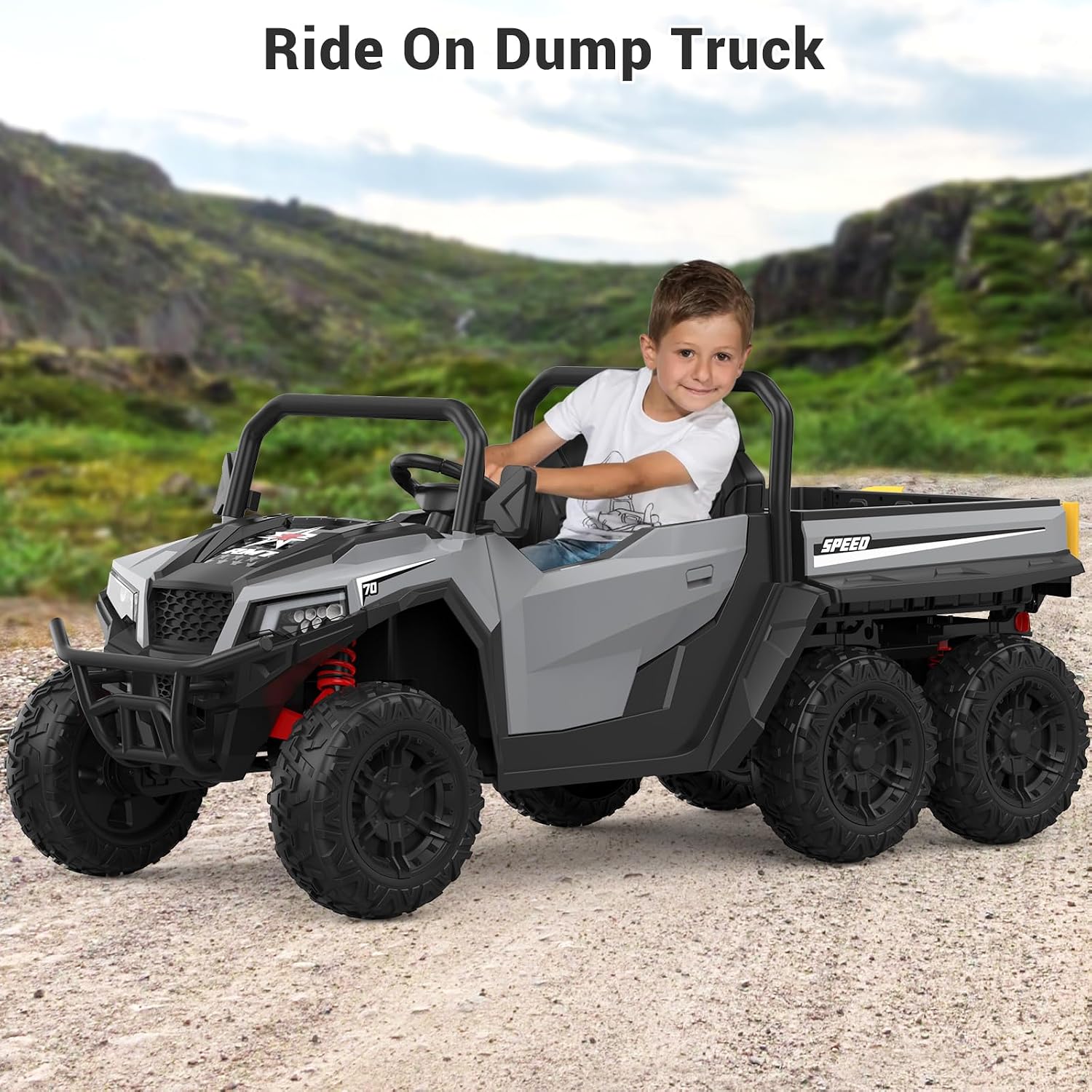 Garvee 24V 4WD Electric Ride On Dump Truck with Remote Control | 2-Seater Kids Ride On Car | Music Player & LED Lights | Birthday Gift for Ages 3+ (Key Start Safety System)