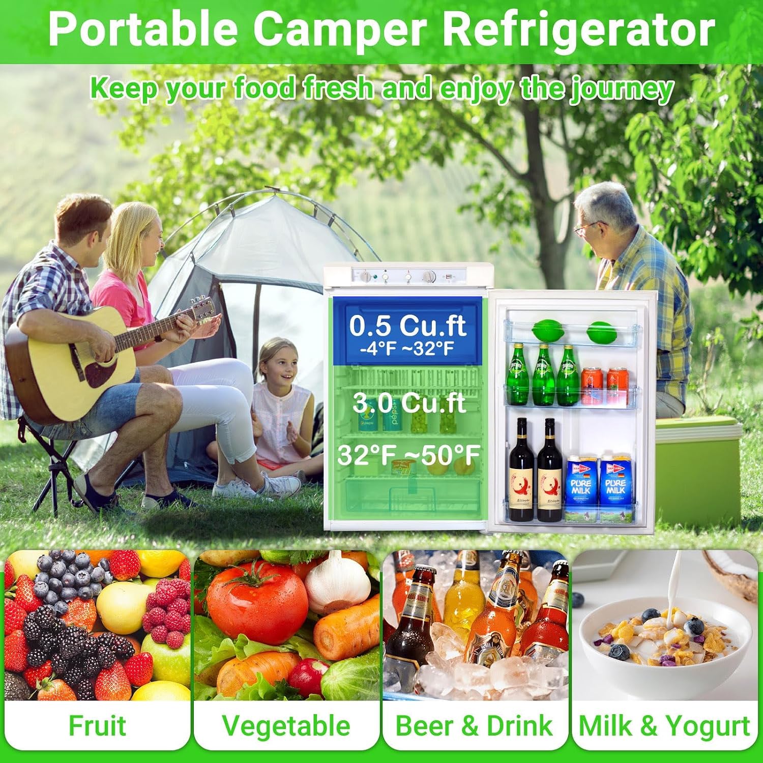 RV Refrigerator 3 Way Propane Refrigerator 3.5 Cu.Ft, LPG/110V/12V RV Fridge, Gas Refrigerators Freezer with Electric, Off Grid Outdoor Kitchen Fridges for Camper, Semi Truck, Campervan, Travel, White
