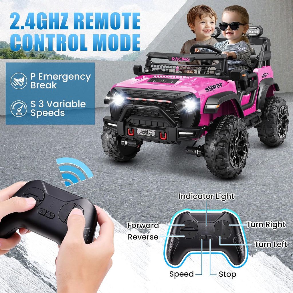 Hikole 24V Ride on Car with Remote Control, 2 Seater Electric Car for Kids w/20 Inch Wide Seat, 4x100W Motor, LED Headlight & Music Player, Power Car Wheels Ride on Toys for Boys Girls, Pink