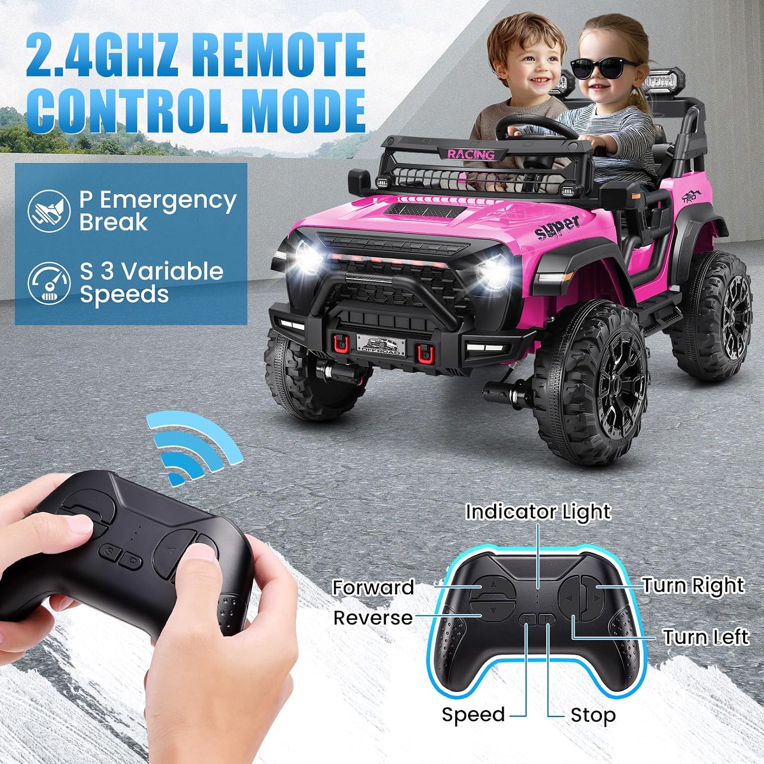 Hikole 24V Ride on Car with Remote Control, 2 Seater Electric Car for Kids w/20 Inch Wide Seat, 4x100W Motor, LED Headlight & Music Player, Power Car Wheels Ride on Toys for Boys Girls, Pink