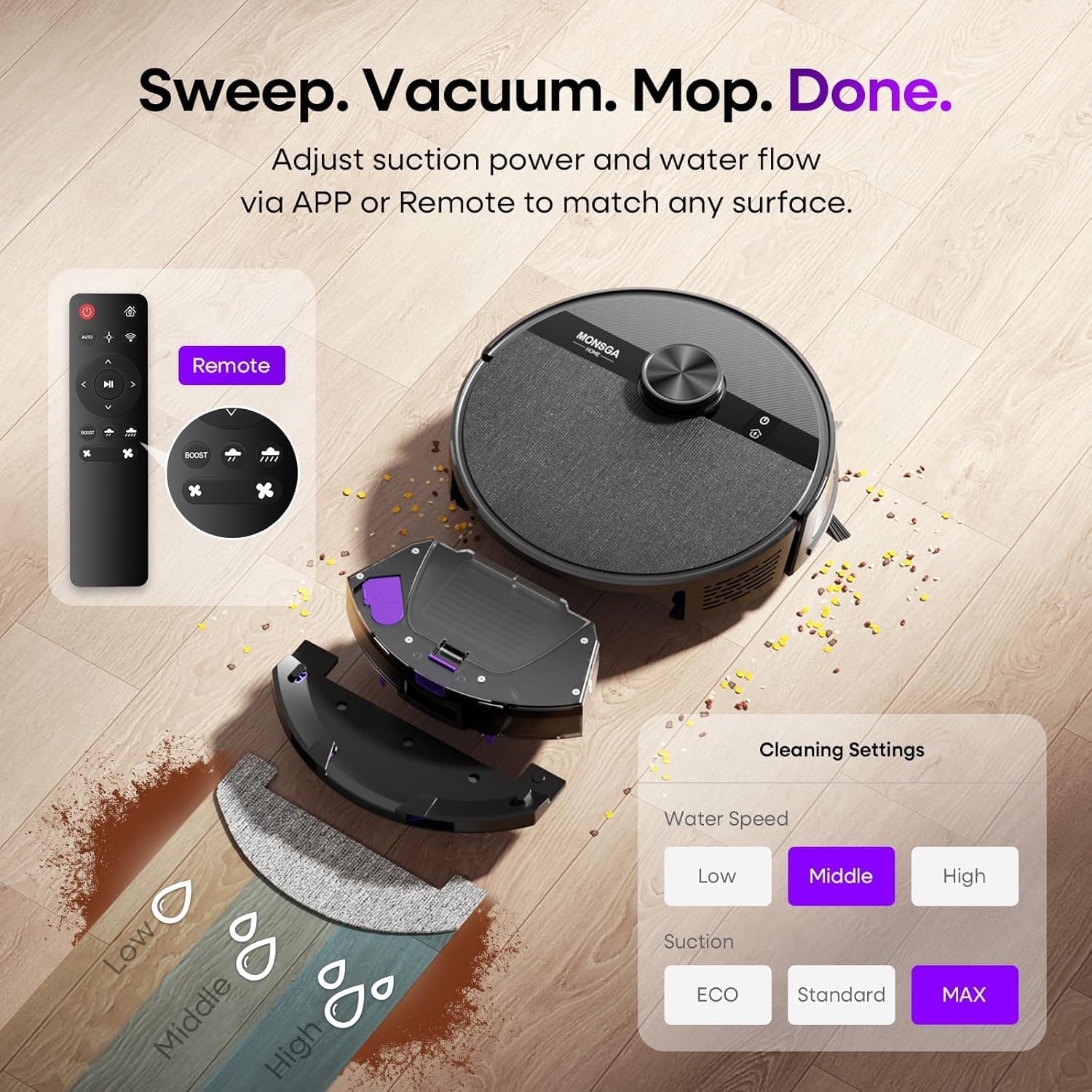 MONSGA Robot Vacuum and Mop Combo, 7000Pa Robotic Vacuum with Lidar Navigation, 180mins Runtime, Tangle-Free Robot Mop, 5 Editable Maps, APP/Remote/Voice Control, Ideal for Hard Floors and Carpets