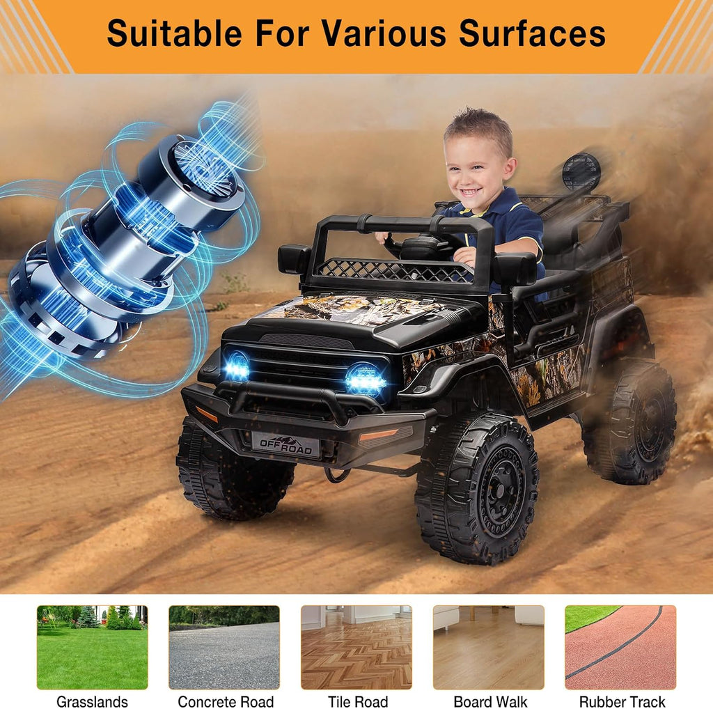 2 Seater Ride On Car for Kids, 12V Electric Truck with Parent Remote Control, Spring Suspension, 2 Speeds, LED Headlight & Music Player, Kids Electric Vehicle for Aged 3-8 Years, Black