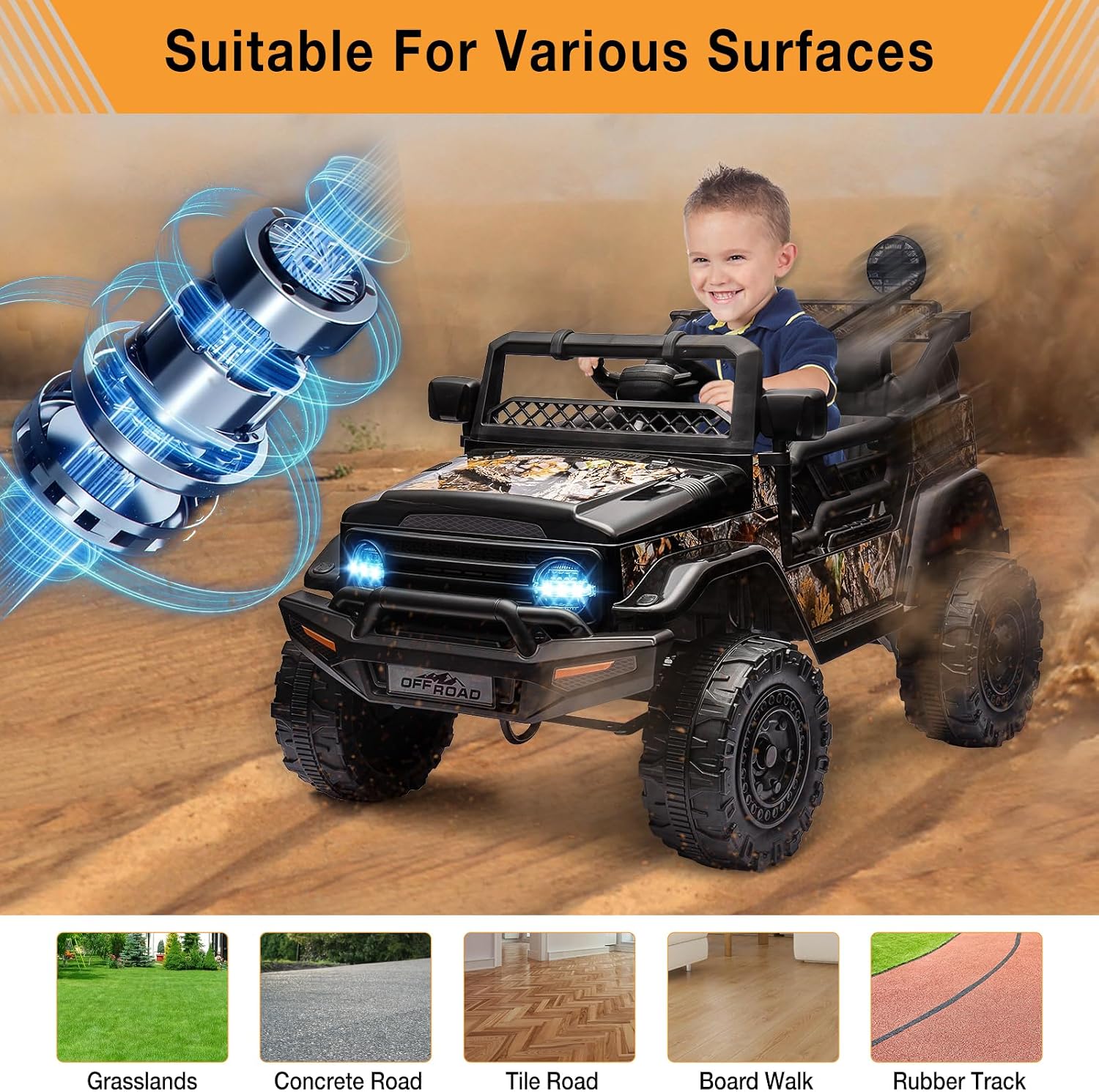 2 Seater Ride On Car for Kids, 12V Electric Truck with Parent Remote Control, Spring Suspension, 2 Speeds, LED Headlight & Music Player, Kids Electric Vehicle for Aged 3-8 Years, Black