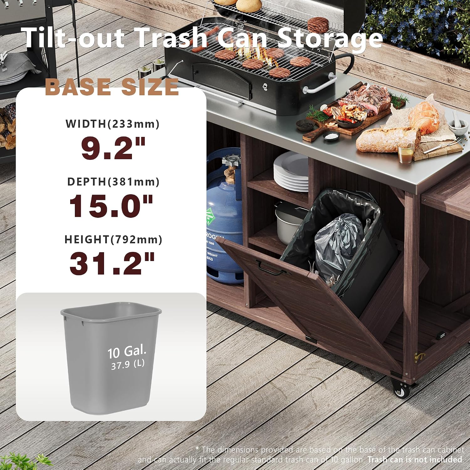 LUMISOL Outdoor Kitchen Island with Foldable Grill Table, Movable Prep Table with Stainless Steel Top, Rolling Kitchen Cart with Trash Can Storage, Outdoor Grill Cart for Parties, Dark Brown