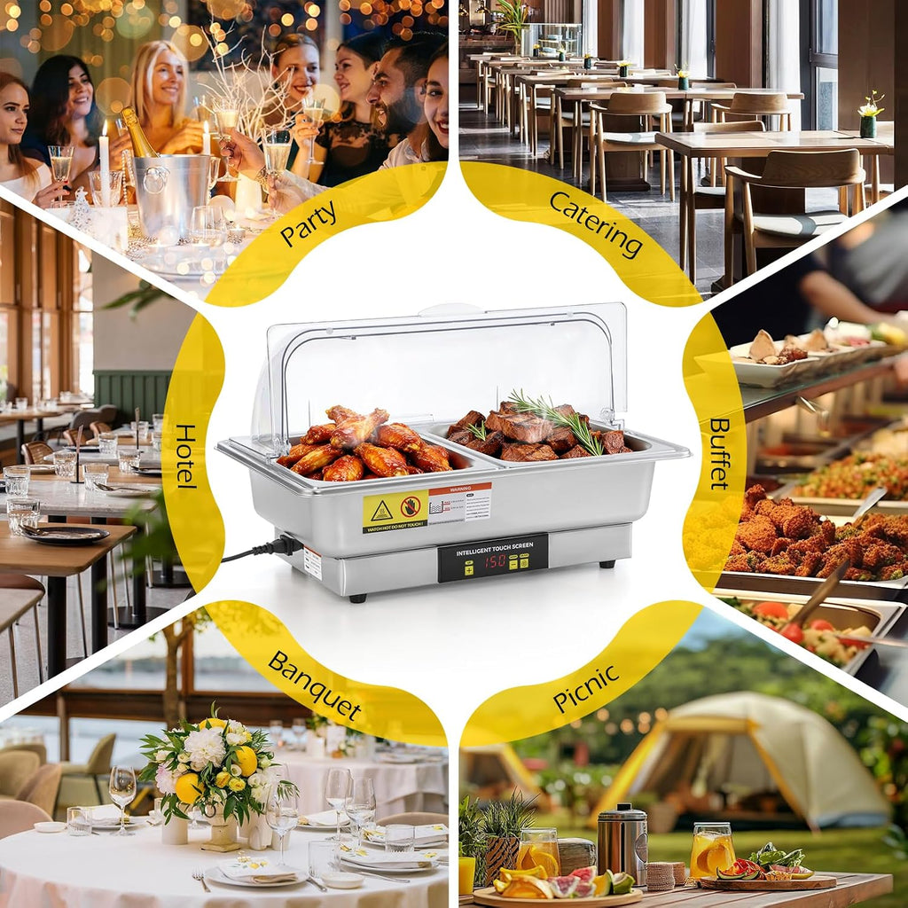 Dyna-Living Electric Chafing Dishes for Buffet, 9.5QT Half Size Chafing Dish Buffet Set 600W Electric Buffet Servers and Warmers with Temp Control Display Roll Top Food Warmers for Parties Catering