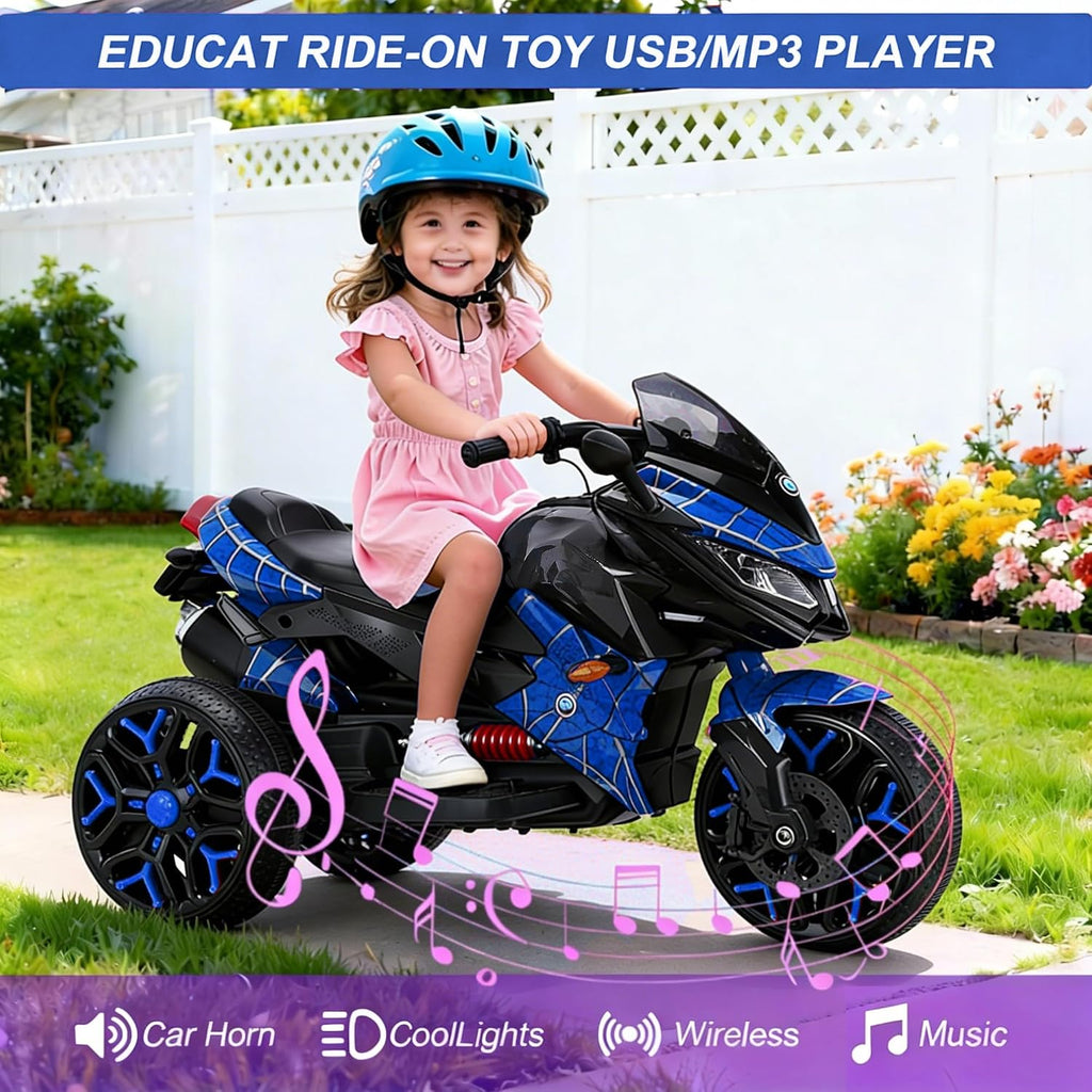 12V Kids Electric Motorcycle with Training Wheels | Plastic, PU seat, manual throttle, foot brake, USB, MP3, phone link, light-up wheels, ages 3-6, 45.3 W x 23.2 D x 28.7 H in