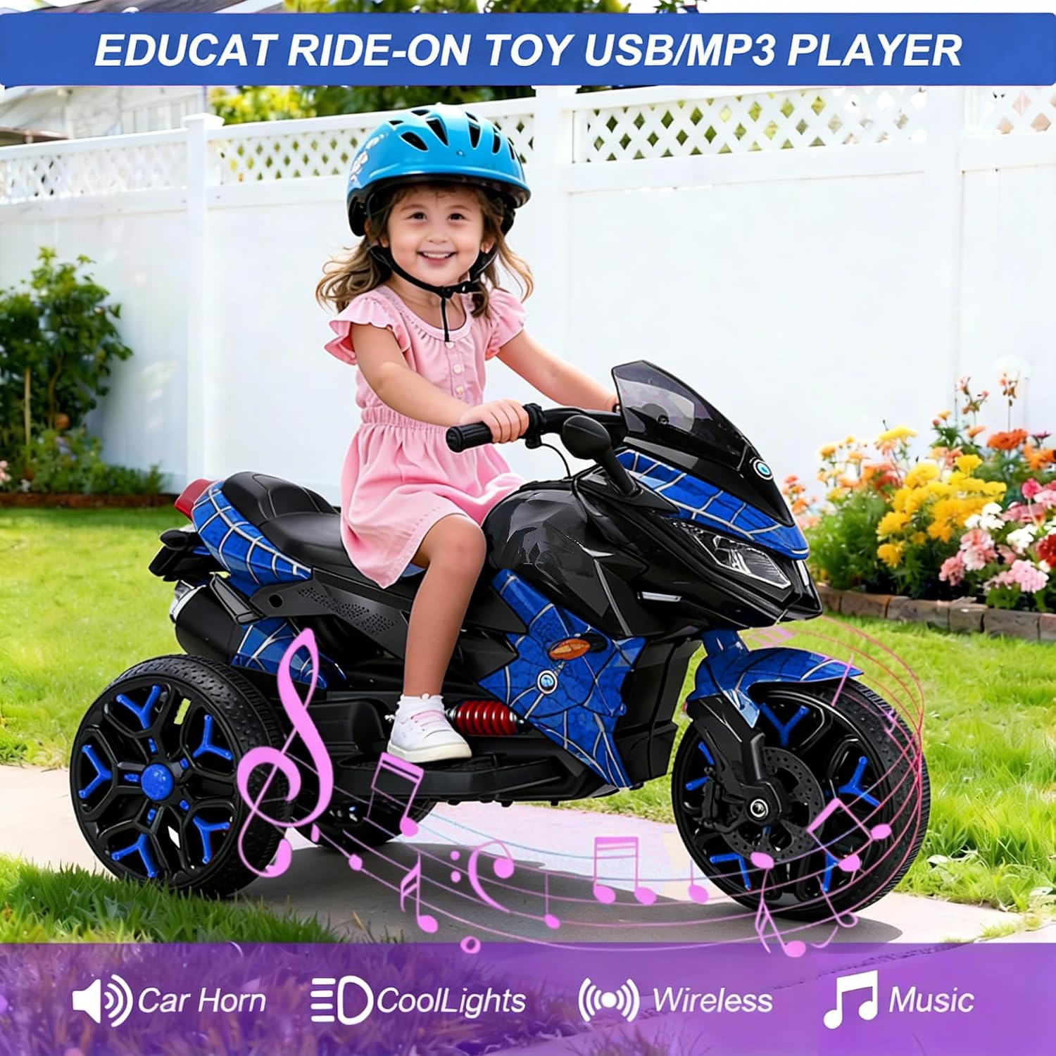 12V Kids Electric Motorcycle with Training Wheels | Plastic, PU seat, manual throttle, foot brake, USB, MP3, phone link, light-up wheels, ages 3-6, 45.3 W x 23.2 D x 28.7 H in