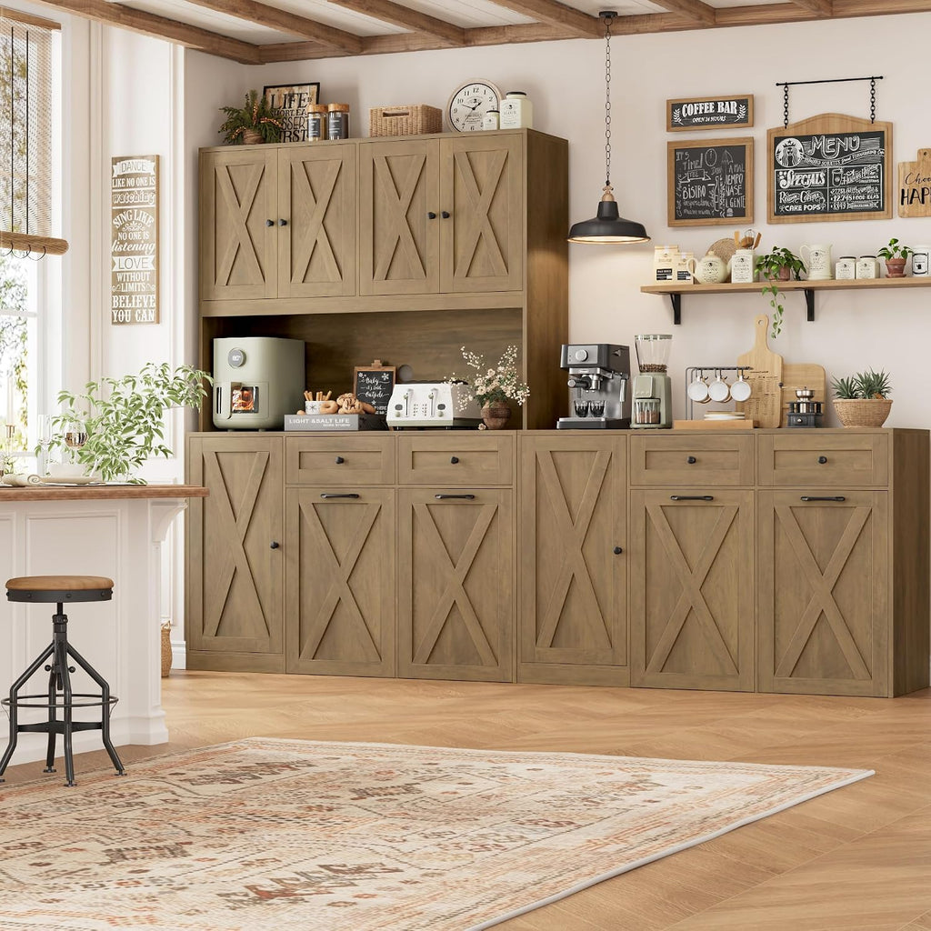 HOSTACK 12.5 Gallon Kitchen Trash Cabinet, 47' Double Trash Can Cabinet, Large Pull Out Can Storage Drawers, Wood Farmhouse Hidden Garbage Storage Buffet for Kitchen, Dining Room, Rustic Brown