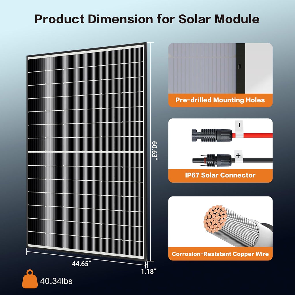 400W Bifacial Solar Panel, N-Type 16BB Monocrystalline Solar Panel, 25% High Efficiency, IP65 Waterproof, for RV Home Boat Marine Off-Grid Solar System