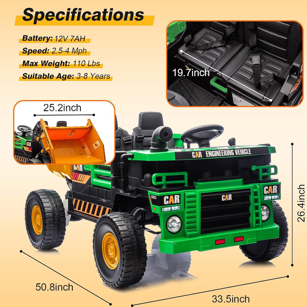 RunFast 12V 2 Seater Ride on Dump Truck for Kids,Electric Ride on Cars with Remote Control,2X35W Powerful Motors Up to 4Mph,Electric Dump Bed,Extra Shovel,Music Player(Green+Yellow,12V)