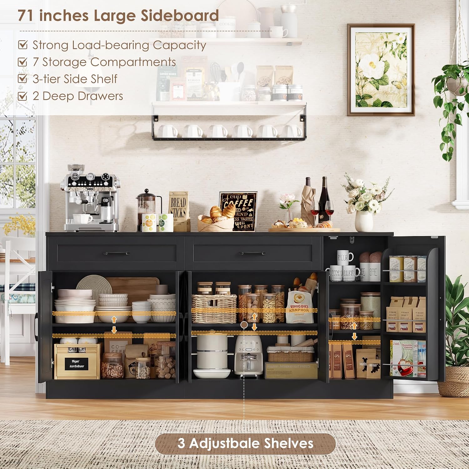 BOTLOG 71' Large Sideboard Buffet Cabinet with Storage, Farmhouse Buffet Cabinet with Adjustable Shelves and 3 Door Shelves, Wood Coffee Bar Console Table for Kitchen, Dining Room (Black)