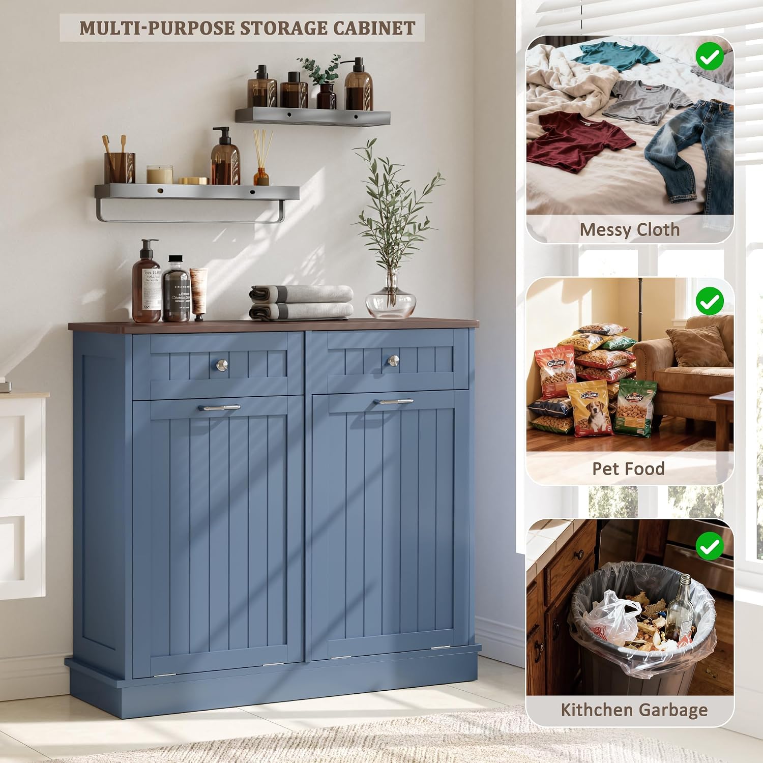 KIGOTY Double Tilt Out Trash Can Cabinet, 20 Gallon Hidden Trash Storage Cabinet with 2 Hideaway Drawers, Freestanding Trash Can for Kitchen, Wooden Laundry Hamper Cabinet, Pet Proof (Blue)