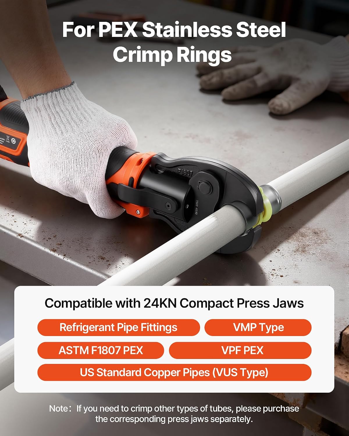 VEVOR Press Tool, 18V Electric Pipe Crimping Tool for 1/2' 3/4' 1' PEX Pipe Stainless Steel Rings, 24KN PEX Press Tool Compatible with PureFlow - with 3 VPF Jaws, 2pcs 2AH Batteries, Charger & Toolbox