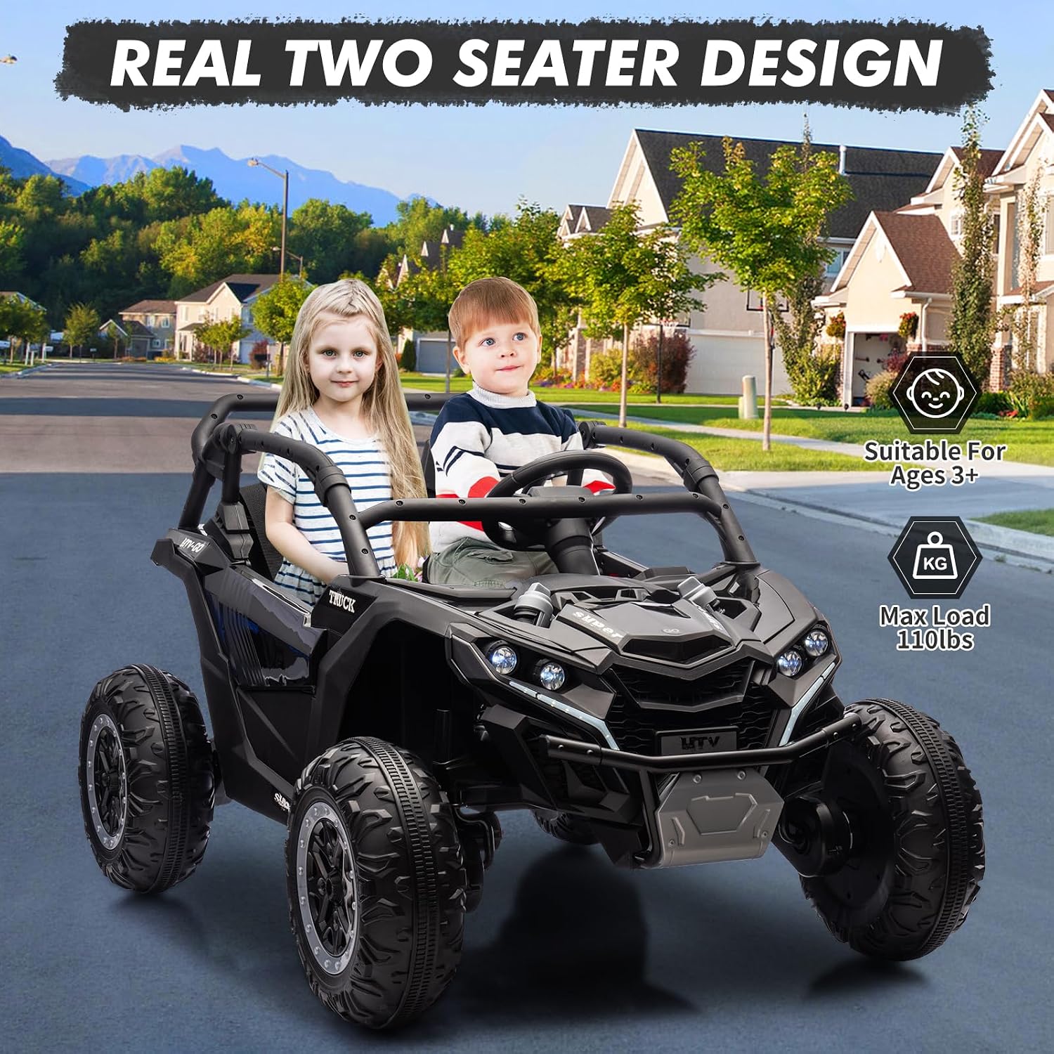 GarveeLife 24V Ride On Utv for Kids, 2 Seater 4WD Electric Truck with Remote Control, High and Low Speed Adjustment, Led Lights, 4-Wheel Shock Absorption, One Click Start, Music Player(Black)