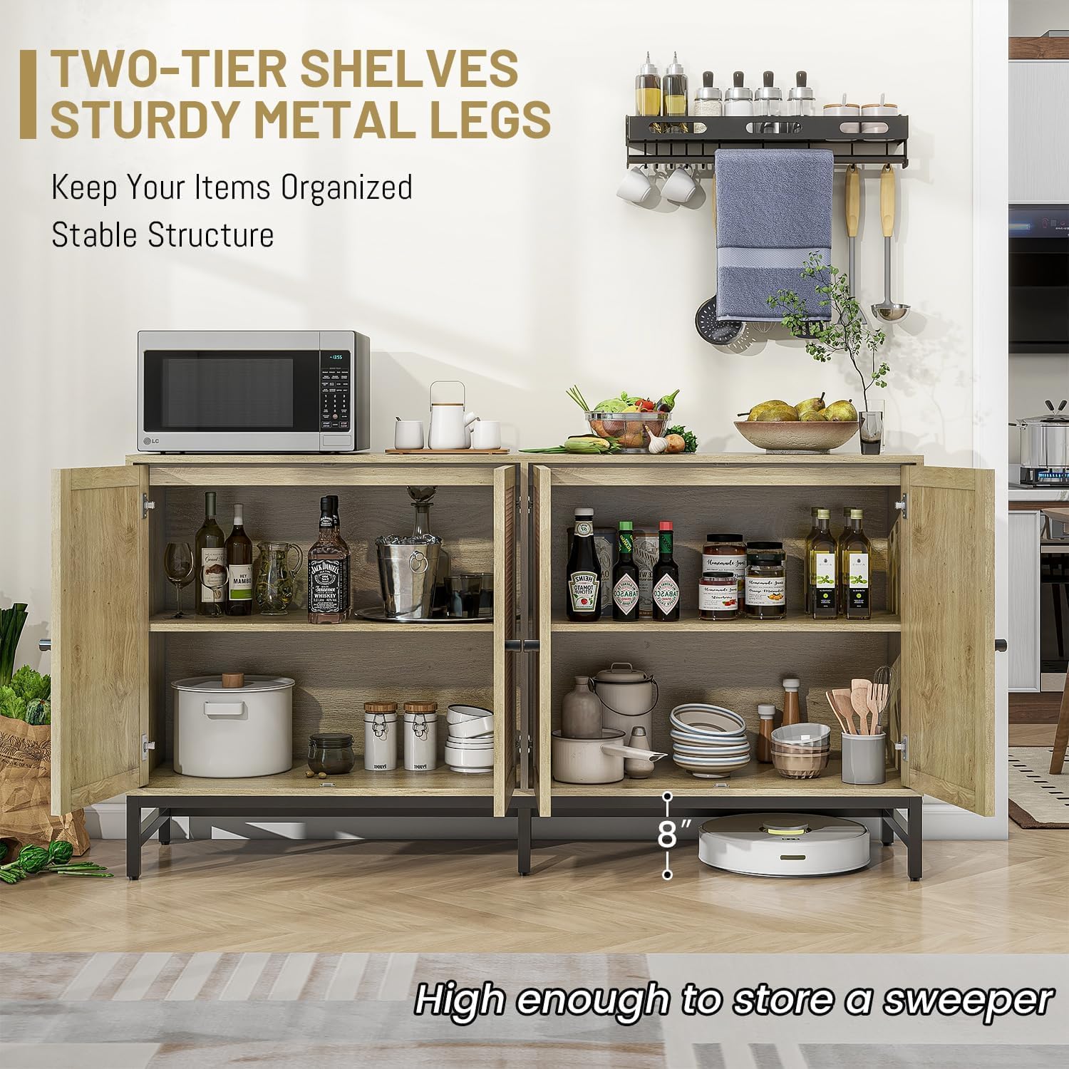 ZLWJGY Rattan Sideboard Buffet Cabinet, Natural Storage Credenza Accent Cabinet with 4 Doors, 59' Large Mid Century Modern Console Table for Kitchen, Living Room and Dining Room