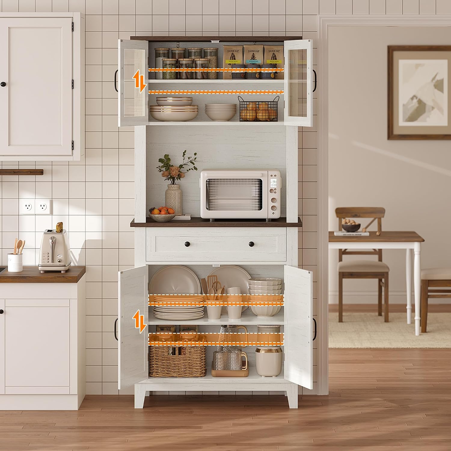 GAOMON Elegant 72' White Pantry Coffee Bar Cabinet – Tall Kitchen Storage with Adjustable Shelves, 4 Glass Doors & 1 Drawer – Multi-Functional Hutch for Dining Room & Kitchen, White