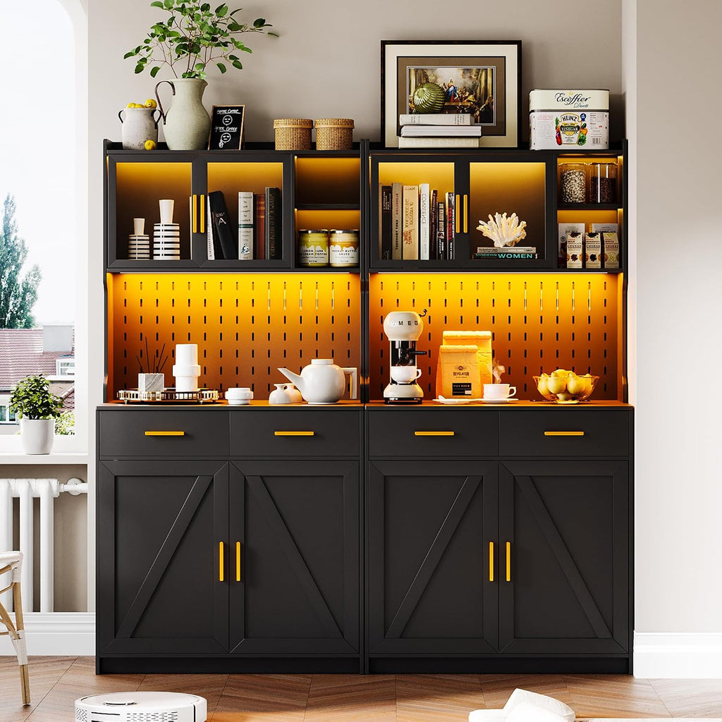 LED Kitchen Pantry Cabinet with Outlets, Farmhouse Storage Cabinet with Drawers & Adjustable Shelves, 64' Tall Cupboard with Pegboard & Hooks for Dining Room, Living Room