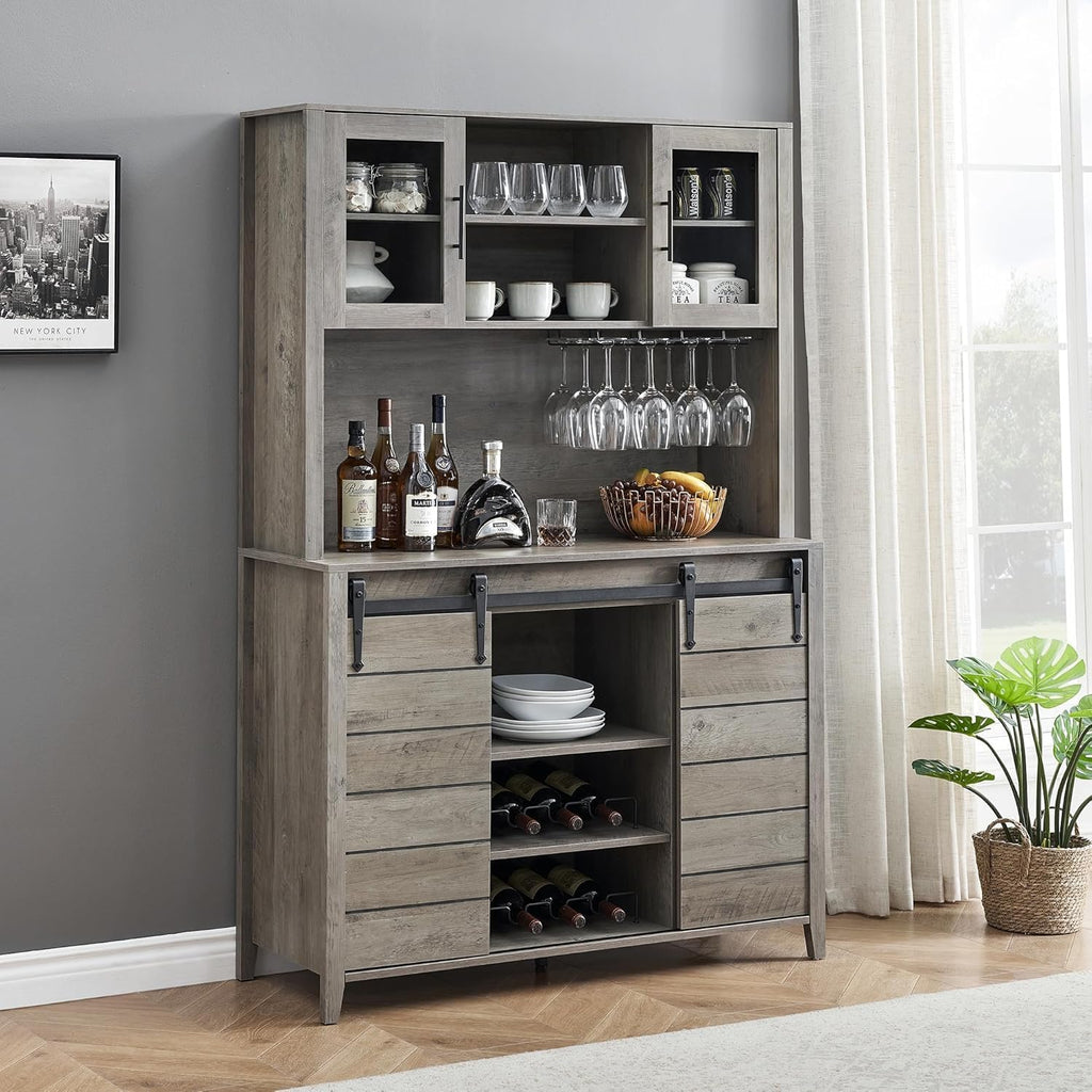 IDEALHOUSE 70'' Wine Coffee Bar Cabinet with Storage Hutch, Tall Kitchen Pantry Liquor Cabinet with Sliding Barn Doors, Bottle Glasses Rack, Farmhouse Buffet for Home Dining Room, Gray