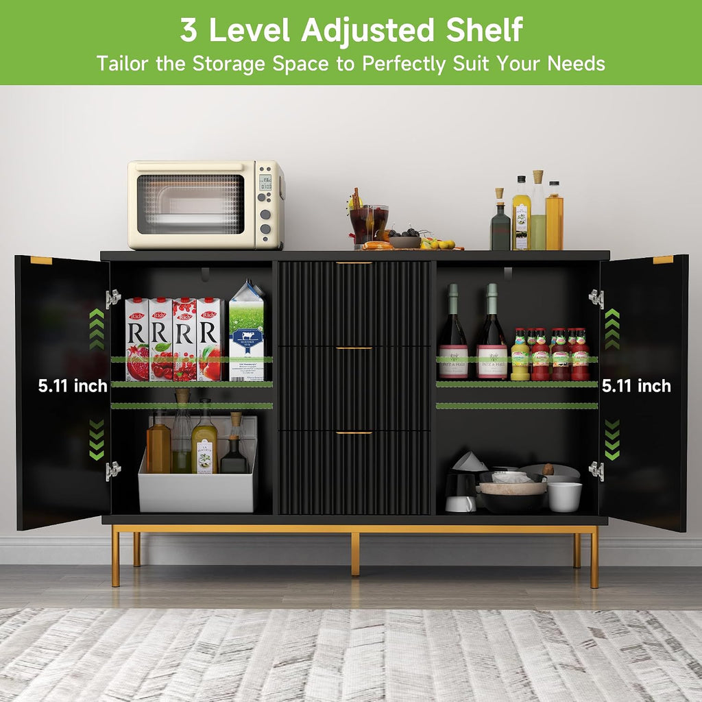 Real Relax Fluted Sideboard Cabinet, Modern Sideboard Buffet Cabinet with Storage, Coffee Bar Credenza Buffet Table with 2 Doors 3 Drawers for Kitchen, Living, Dining Room, Black