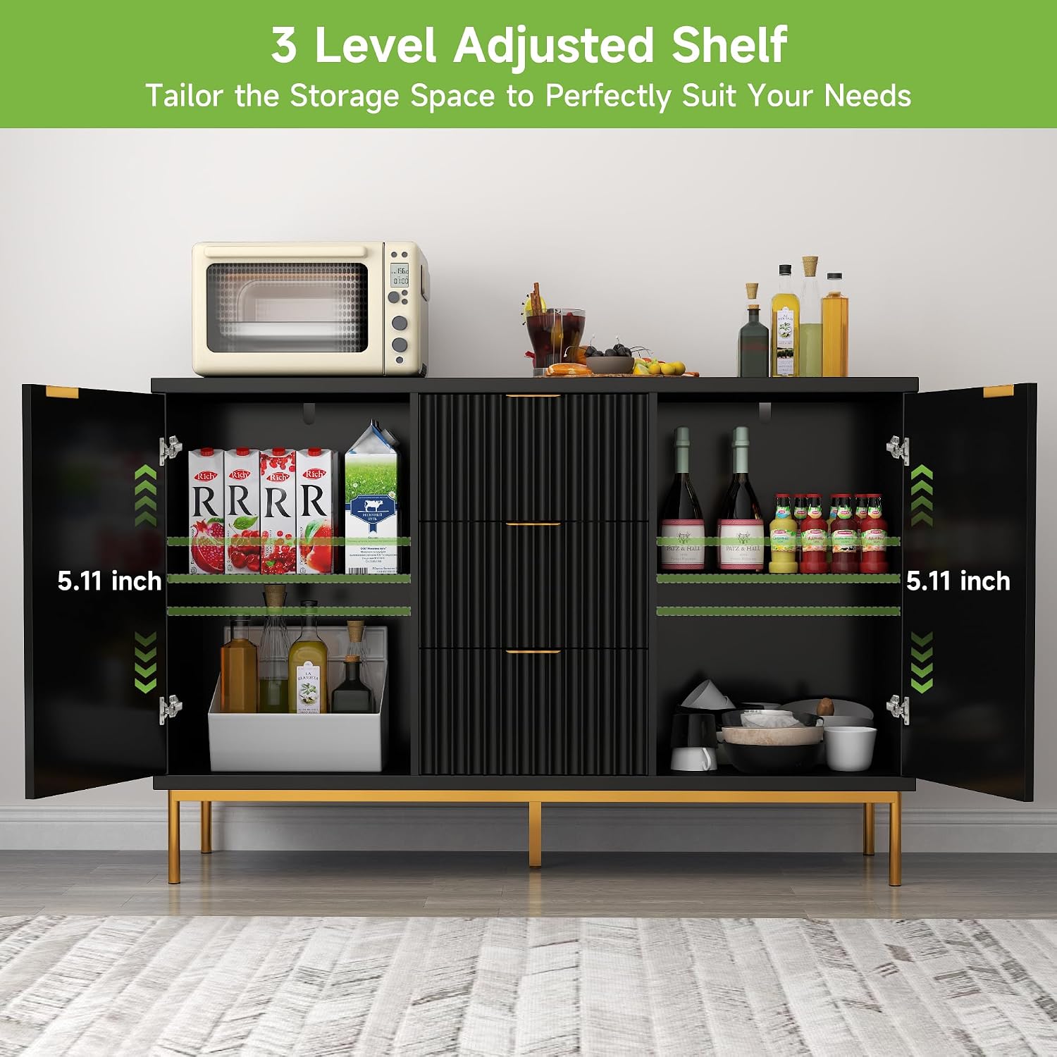 Real Relax Fluted Sideboard Cabinet, Modern Sideboard Buffet Cabinet with Storage, Coffee Bar Credenza Buffet Table with 2 Doors 3 Drawers for Kitchen, Living, Dining Room, Black