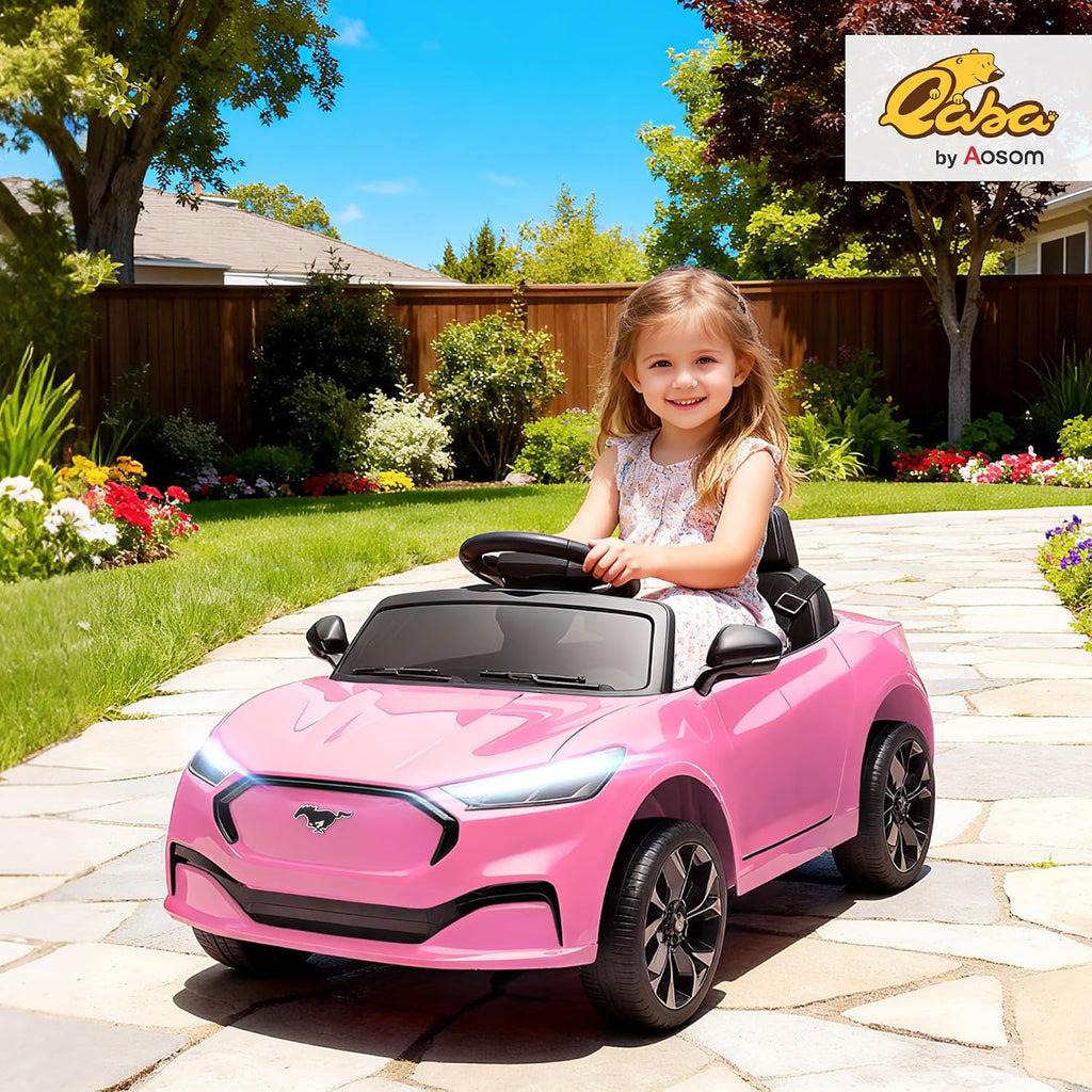 Qaba 12V Kids Ride On Car, Licensed Ford Mustang Mach-E Electric Car with Remote Control, 3 Speeds, LED Light, Music, Bluetooth, Suspension Wheels, Battery Powered Toy for Ages 3–5 Years, Pink
