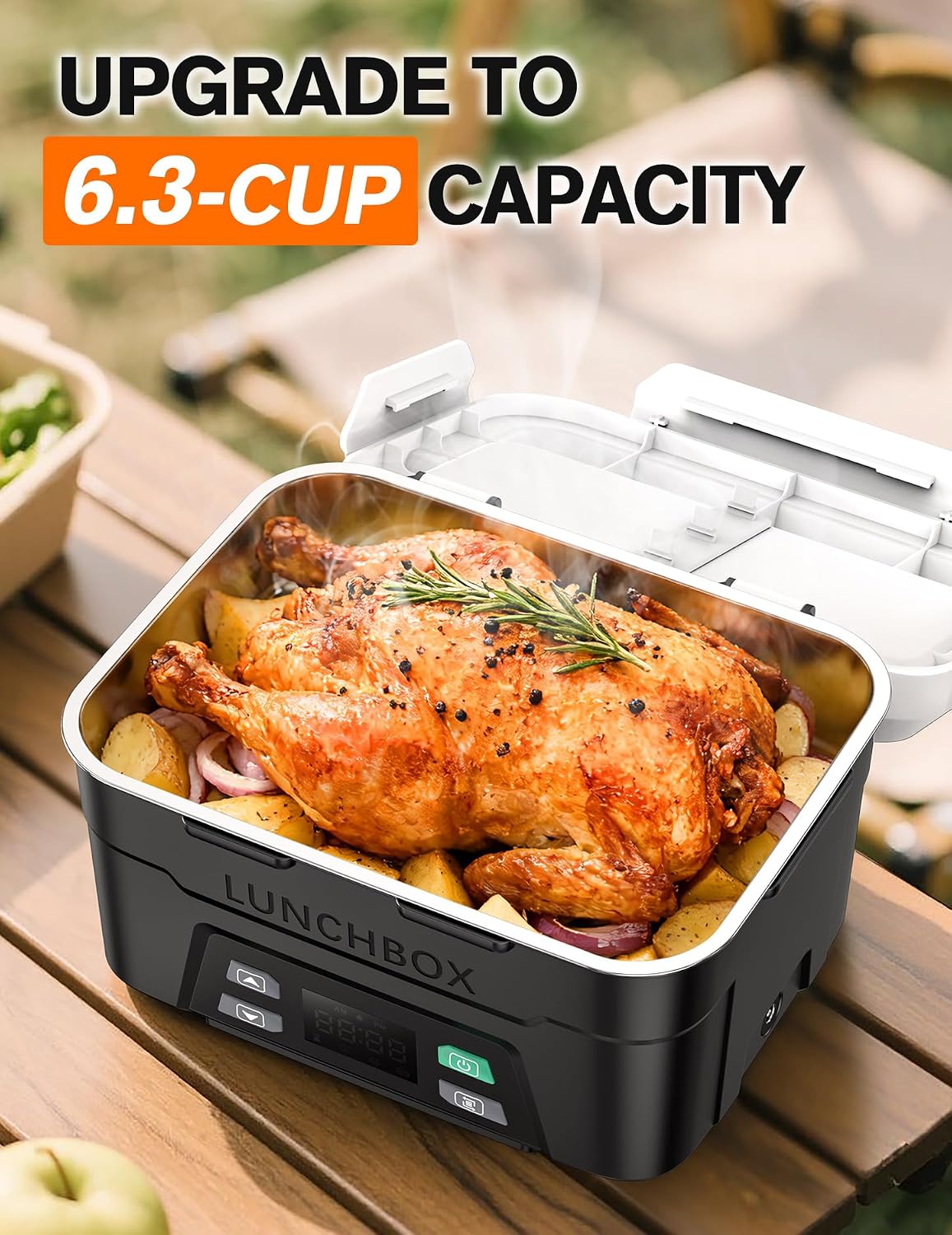 EAST OAK XL 6.3 Cups Cordless Electric Lunch Box for Adults, Heated Lunch Box Battery Powered with Automatic Heating, Portable Food Warmer with Removable Tray Divider