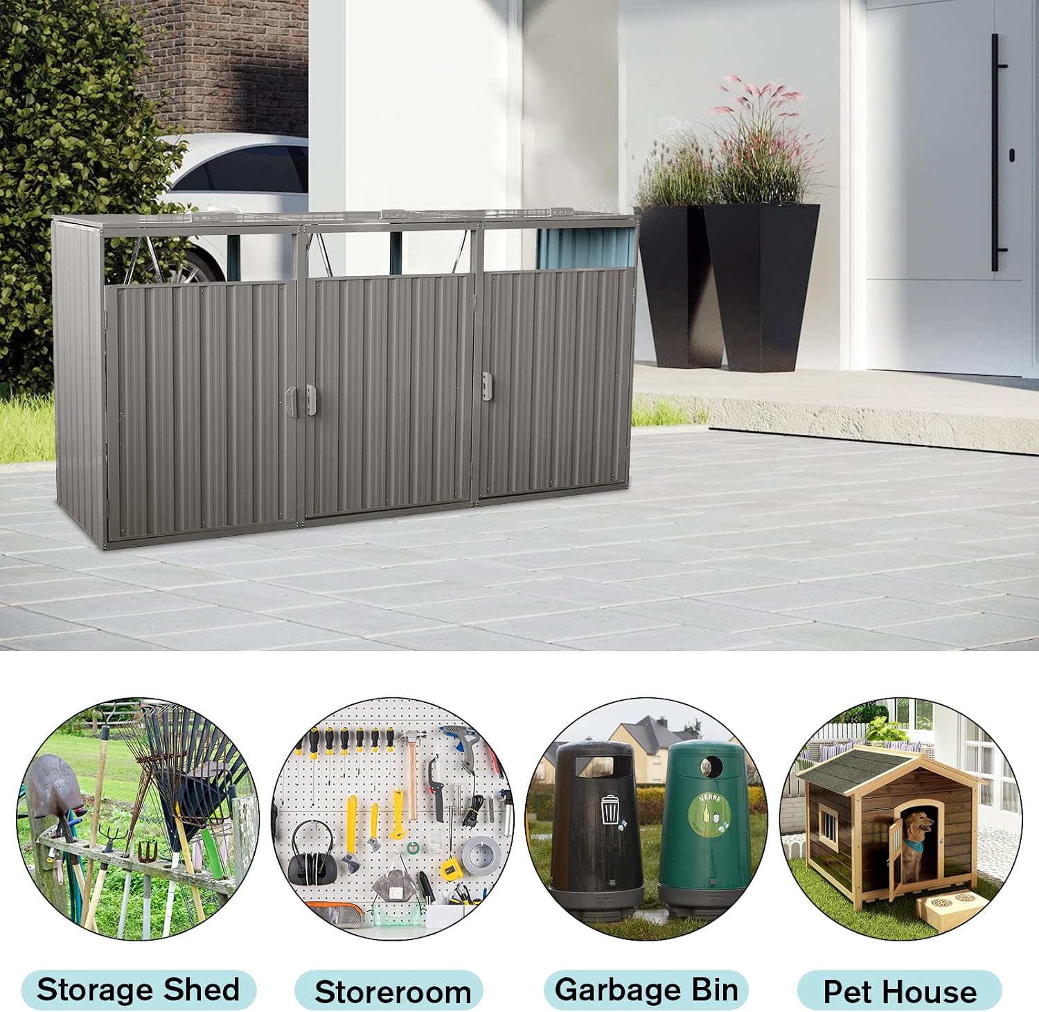 Outdoor Garbage Bin Storage Shed, Metal Trash Can Storage Hideaway, Stainless Galvanized Steel, Bin Shed for Garden Yard Lawn (Light Grey, 3 Door)