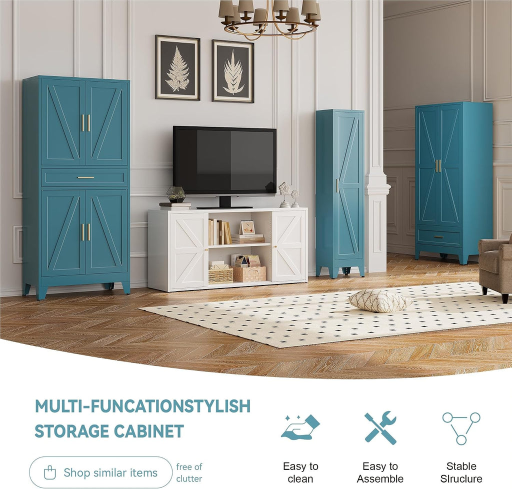 Baborokic 71' Tall Metal Storage Cabinet with Adjustable Shelves,Farmhouse Kitchen Pantry Cabinet with 2 Barn Doors and Drawer,Large Storage Cabinets for Dining Room,Bathroom,Living Room(Blue)