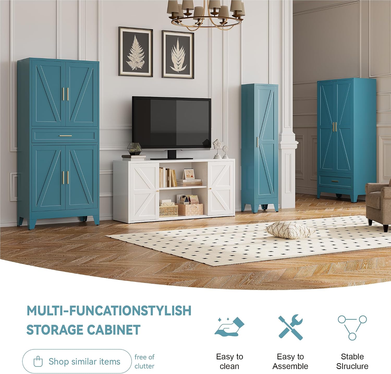 Baborokic 71' Tall Metal Storage Cabinet with Adjustable Shelves,Farmhouse Kitchen Pantry Cabinet with 2 Barn Doors and Drawer,Large Storage Cabinets for Dining Room,Bathroom,Living Room(Blue)