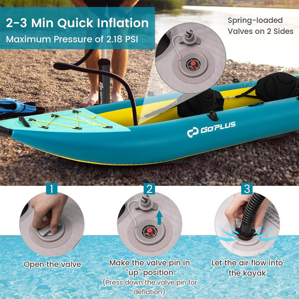 Goplus Tandem Inflatable Kayak, 12.5FT 2-Person Kayak for Adults w/507 LBS Weight Capacity, 2 Aluminium Oars, Padded Seat, 2 Fins, Hand Pump, Carry Bag, Repair Kit, Portable Touring Kayaks