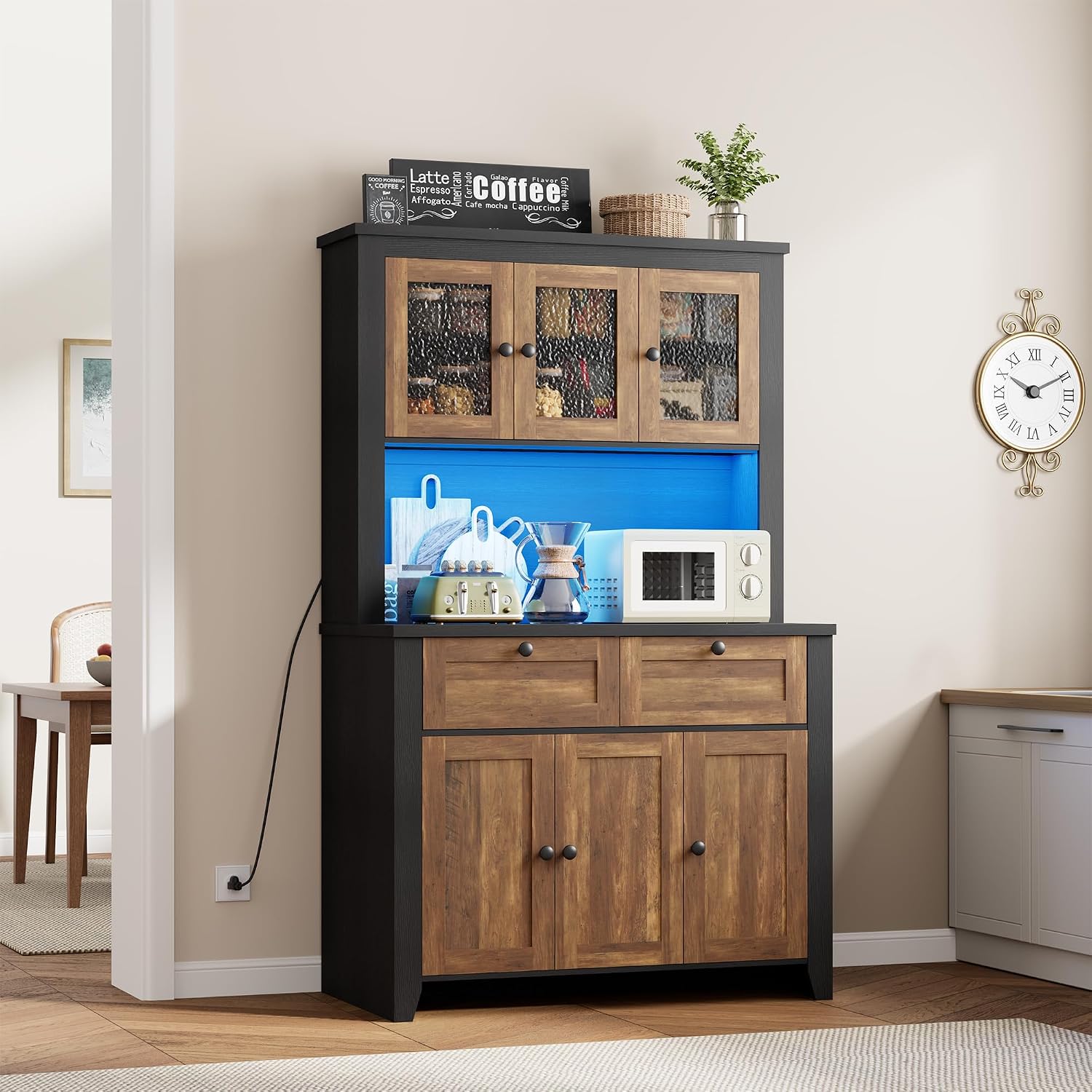 Pantry Cabinet with Charging Station, Farmhouse Kitchen Pantry Storage Cabinet with Countertop, Large Kitchen Hutch with Storage Drawers and Adjustable Shelves & Water Ripple Design for Dining Room,