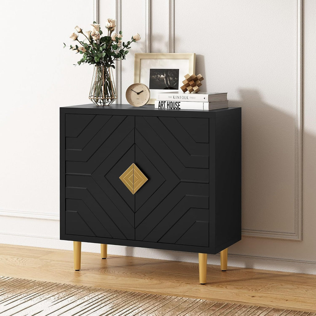 HLR Sideboard Storage Cabinet with 2 Doors, Accent Cabinet with Decorative Embossed Pattern Doors, Sideboard Buffet Cabinet for Living Room, Kitchen, Dining Room, Hallway