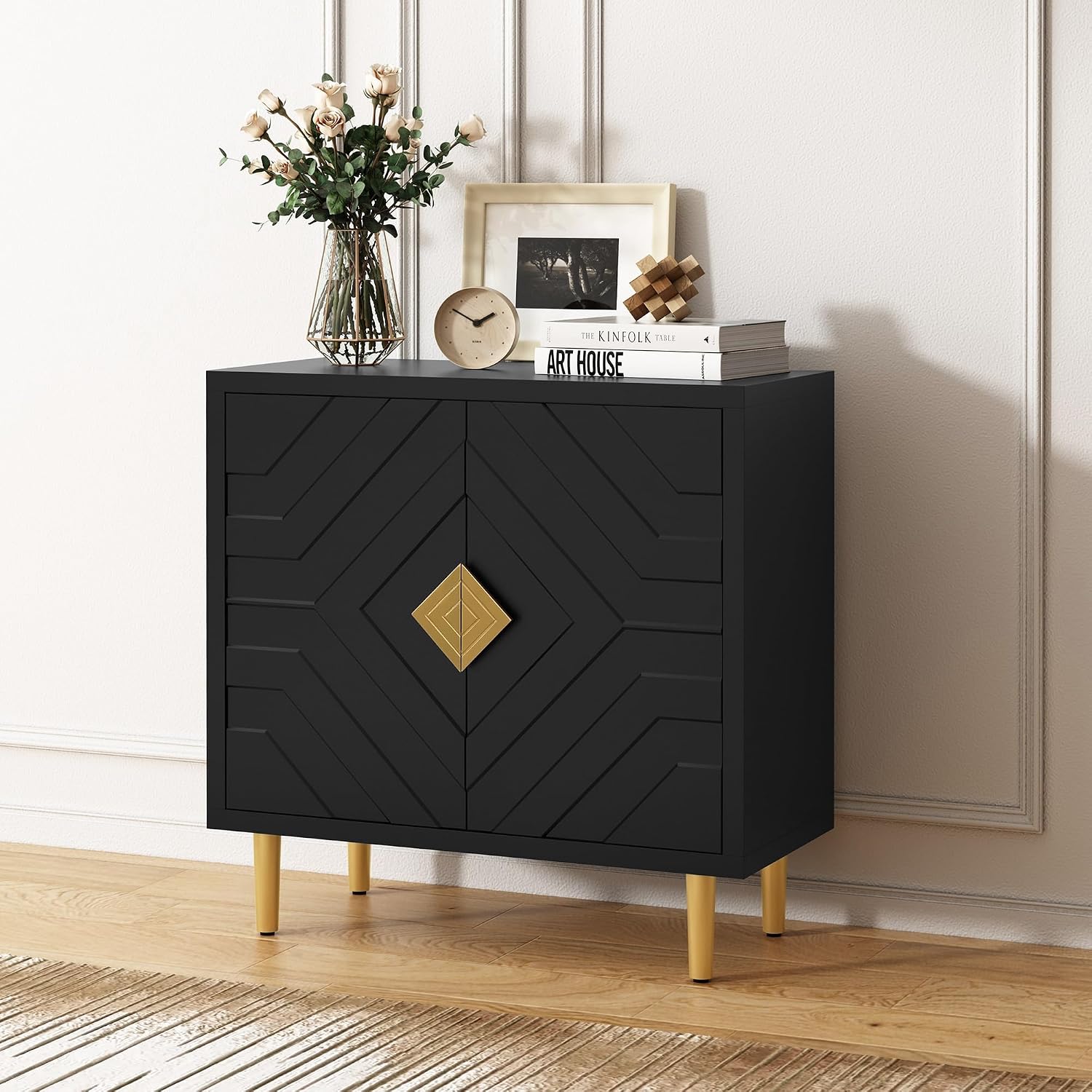 HLR Sideboard Storage Cabinet with 2 Doors, Accent Cabinet with Decorative Embossed Pattern Doors, Sideboard Buffet Cabinet for Living Room, Kitchen, Dining Room, Hallway