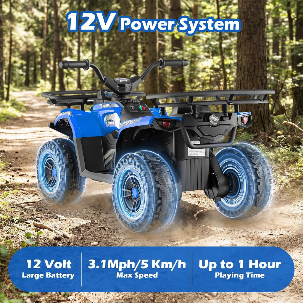 OLAKIDS 12V Kids ATV Quad with 2 Speeds, Spring Suspension, LED Lights, Music & Story Player, Big Tires, 2 Storage Spaces, Ride On Car for Boys Girls Ages 3+(12V, Blue)
