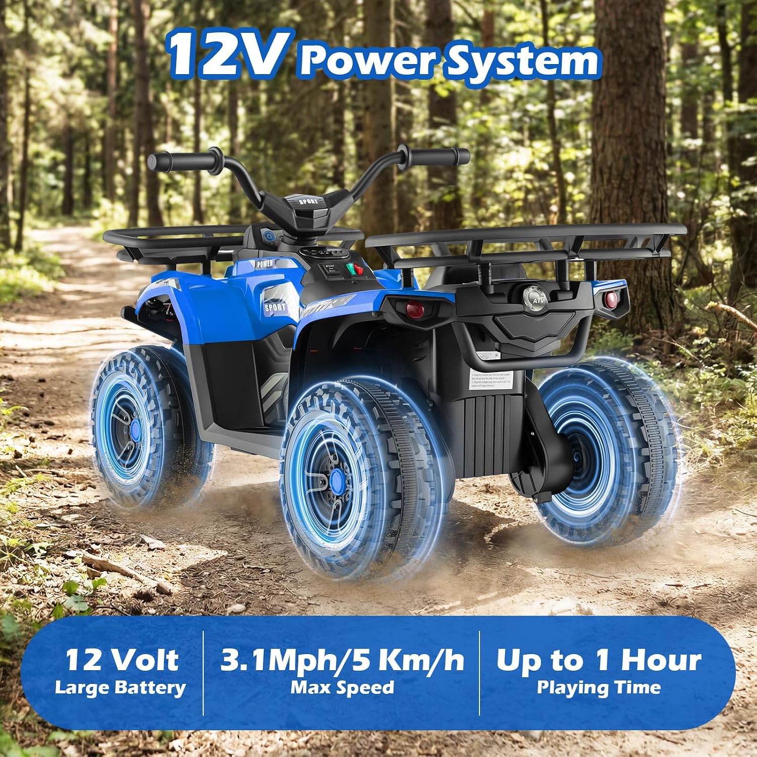 OLAKIDS 12V Kids ATV Quad with 2 Speeds, Spring Suspension, LED Lights, Music & Story Player, Big Tires, 2 Storage Spaces, Ride On Car for Boys Girls Ages 3+(12V, Blue)