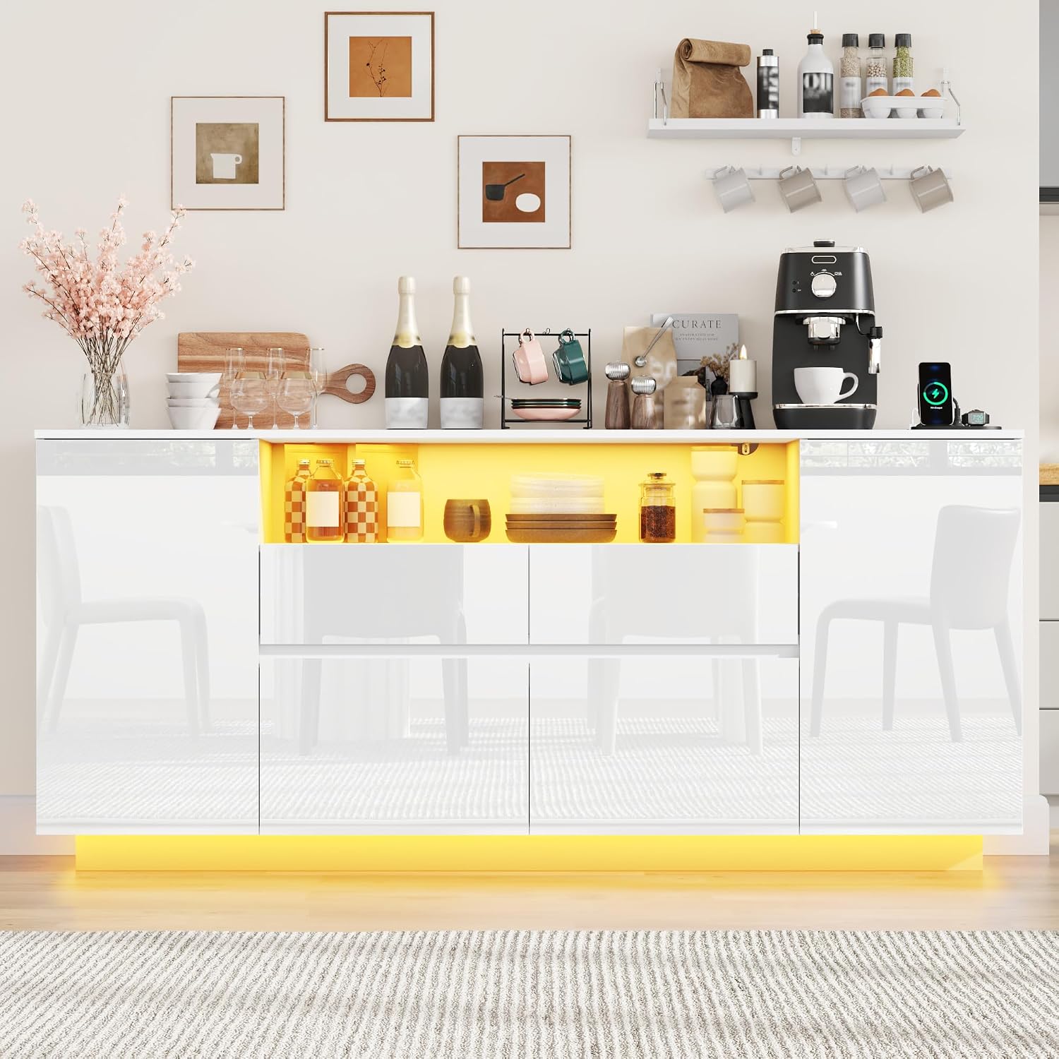 70 Inch Sideboard Buffet Cabinet with Storage, Kitchen Buffet Storage Cabinet with Power Outlets & LED Light, Coffee Bar Console Wine Bar with 2 Drawers & Door Shelves for Living Room, Kitchen, White