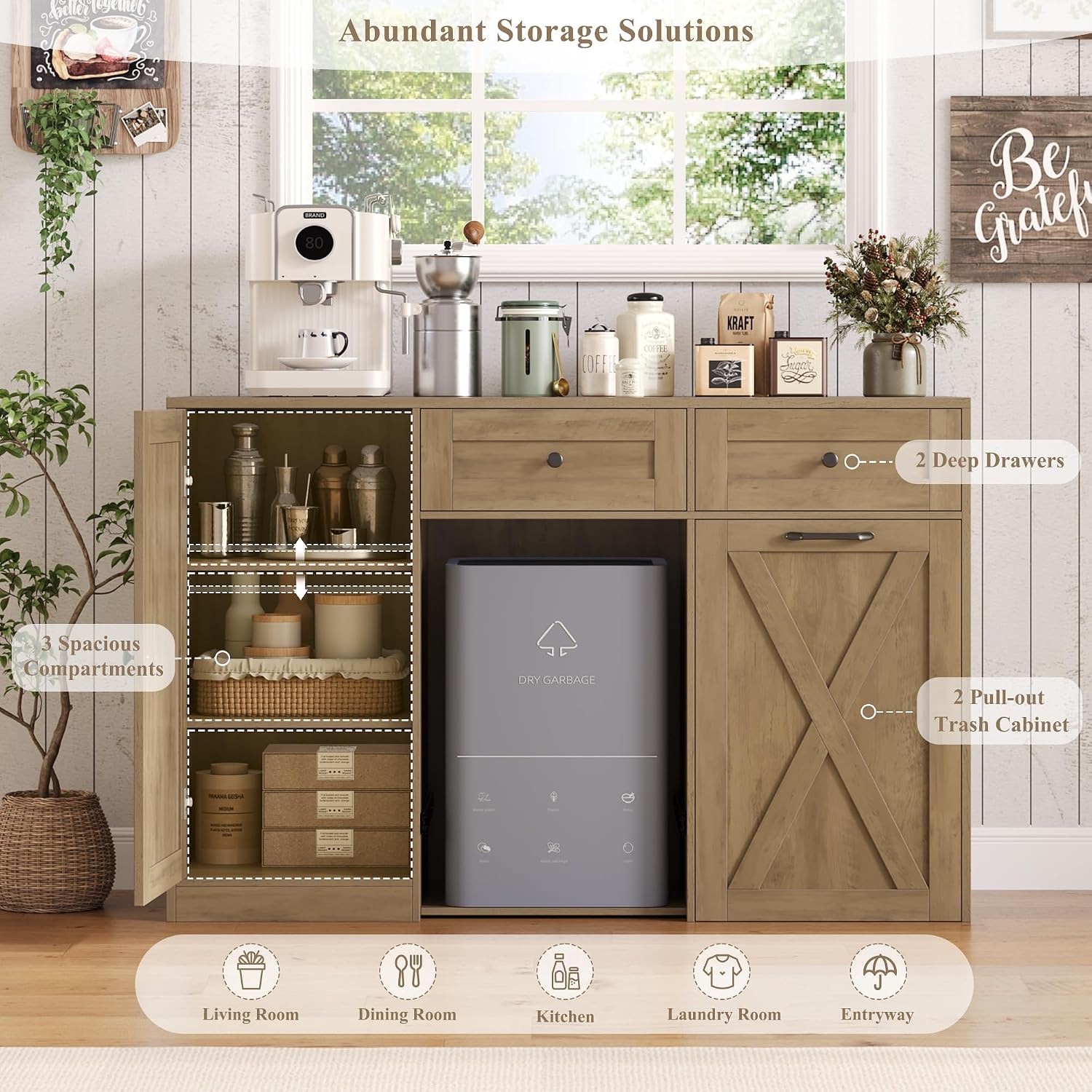 HOSTACK 12.5 Gallon Kitchen Trash Cabinet, 47' Double Trash Can Cabinet, Large Pull Out Can Storage Drawers, Wood Farmhouse Hidden Garbage Storage Buffet for Kitchen, Dining Room, Rustic Brown
