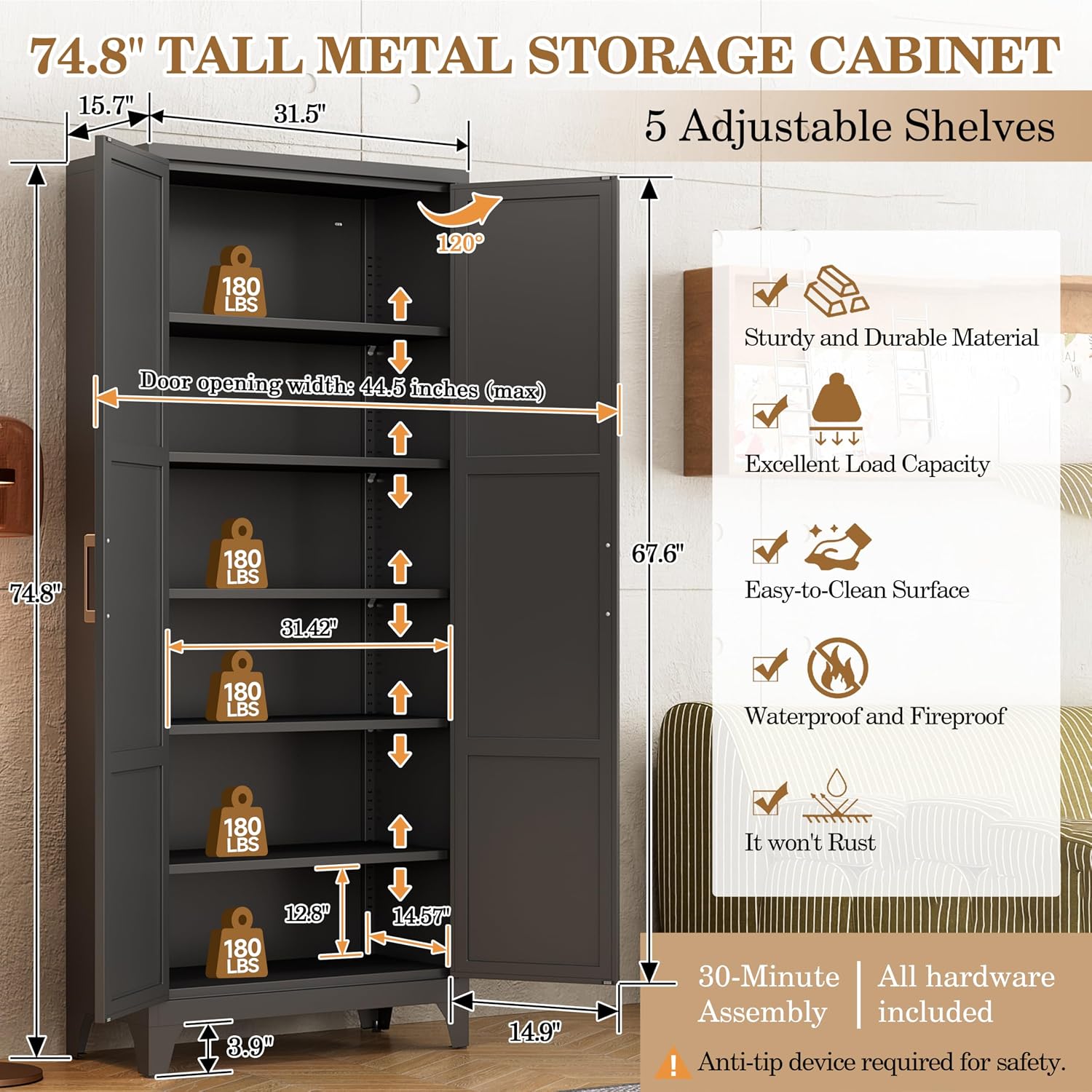 74.8' Black Freestanding Metal Pantry Cabinet, Magnetic Doors & 5 Adjustable Shelves, Anti-Tip Closed Storage Cupboard for Kitchen, Laundry, Garage & Home Office