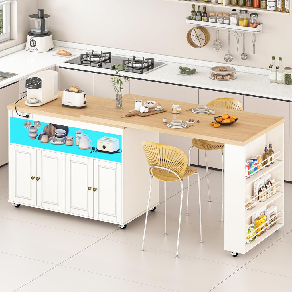 84'' Rolling Kitchen Island with Swivel Table, Kitchen Cart with LED Lights, Power Outlet, Movable Storage Cabinet with Side Tabletop on Wheels, for Kitchen, Living Room, Home Bar, White