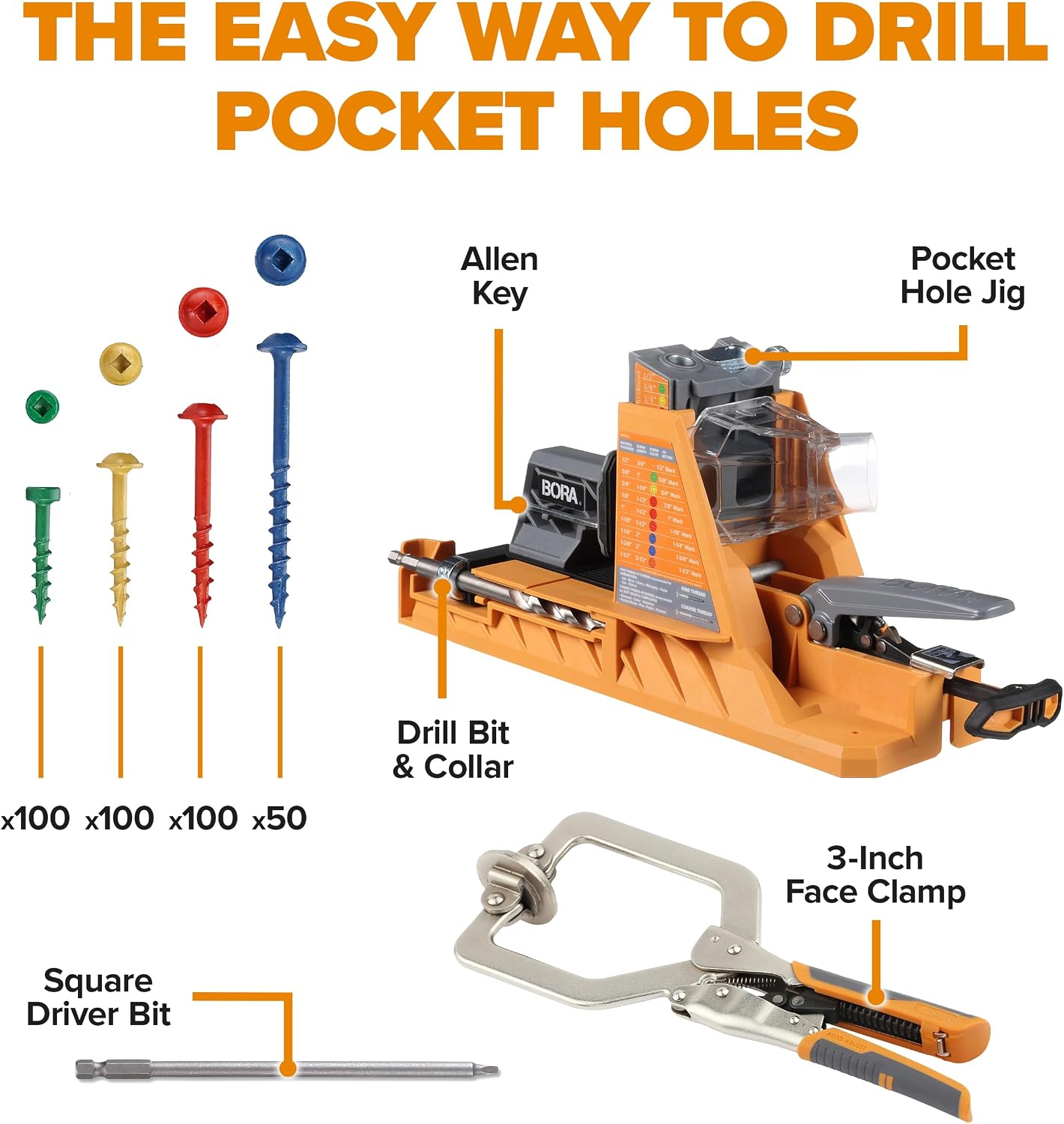 BORA Automatic Pocket Hole Jig with Two 3 inch Face Clamps & 350 pc Pocket Hole Screw Set, Auto Adjusting Drill Guide, Pocket Hole Jig Kit for Woodworking - For Materials 1/2' to 1-1/2' Thick