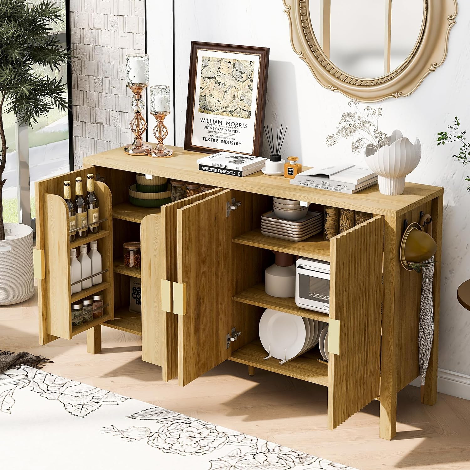 Virubi 58' Fluted Sideboard Buffet Cabinet with Storage,Doors and Adjustable Shelves,Wood Modern Modern Sideboard for Living Room,Kitchen,Entryway,Natural Wood