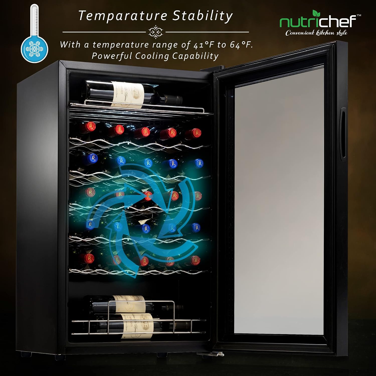 NutriChef PKCWC340 Wine Fridge, 34 Bottle Single Zone Beverage Chiller, 93.5L Capacity, 33x19x17 IN, Black