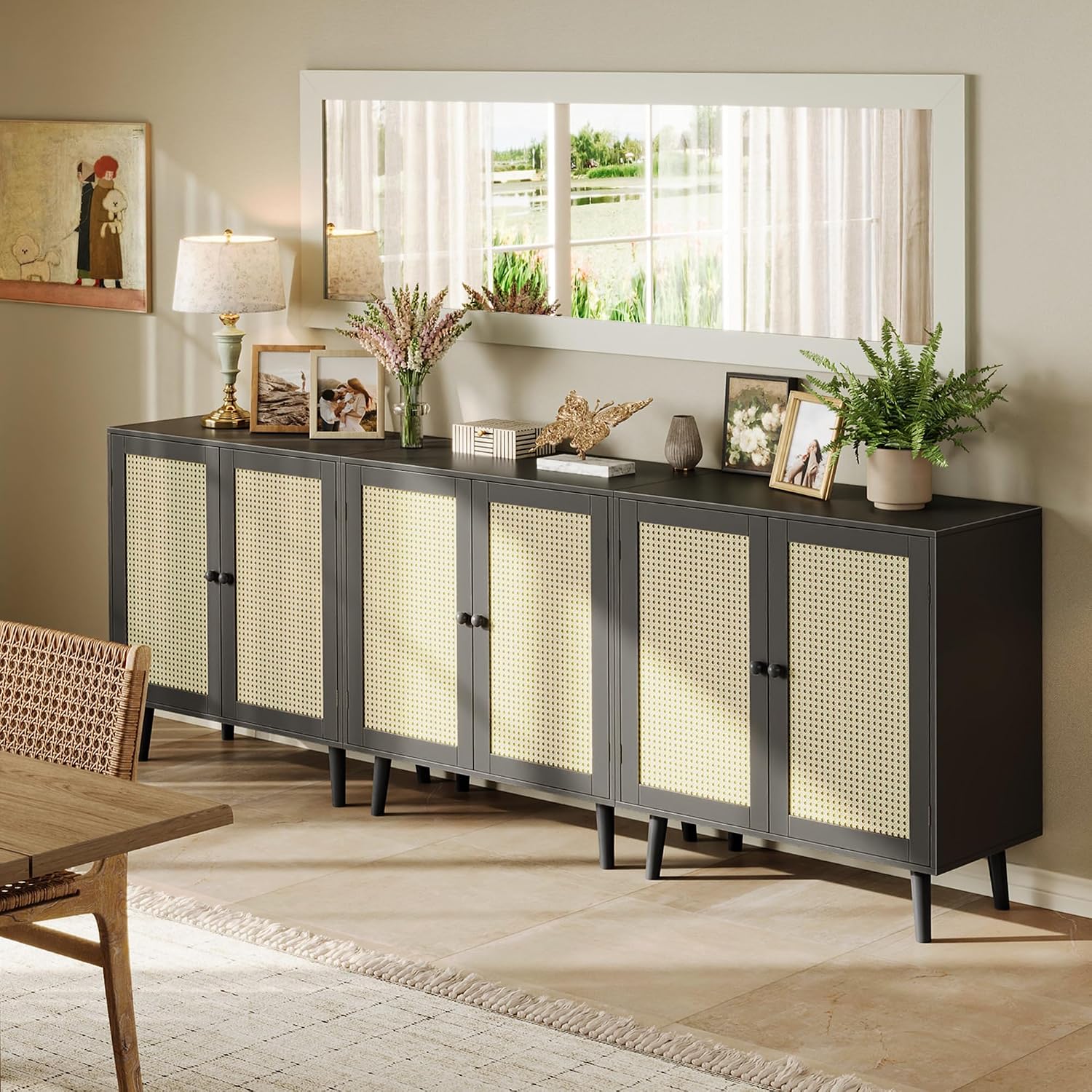 Huuger Buffet Cabinet with Storage, Storage Cabinet with Synthetic Rattan Decor Doors, Solid Wood Feet, for Hallway, Entry, Living Room, Black