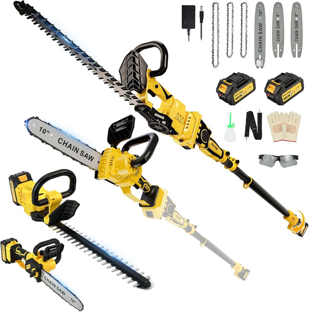 8'/ 10' Cordless Pole Saw + 20' Pole Hedge Trimmer Combo (Great for Pruning and Trimming Branches/Shrubs), Mini Chainsaw & Hedge Trimmer with Telescopic Pole, 15ft MAX Reach, 2 Pcs 3.0Ah Batteries